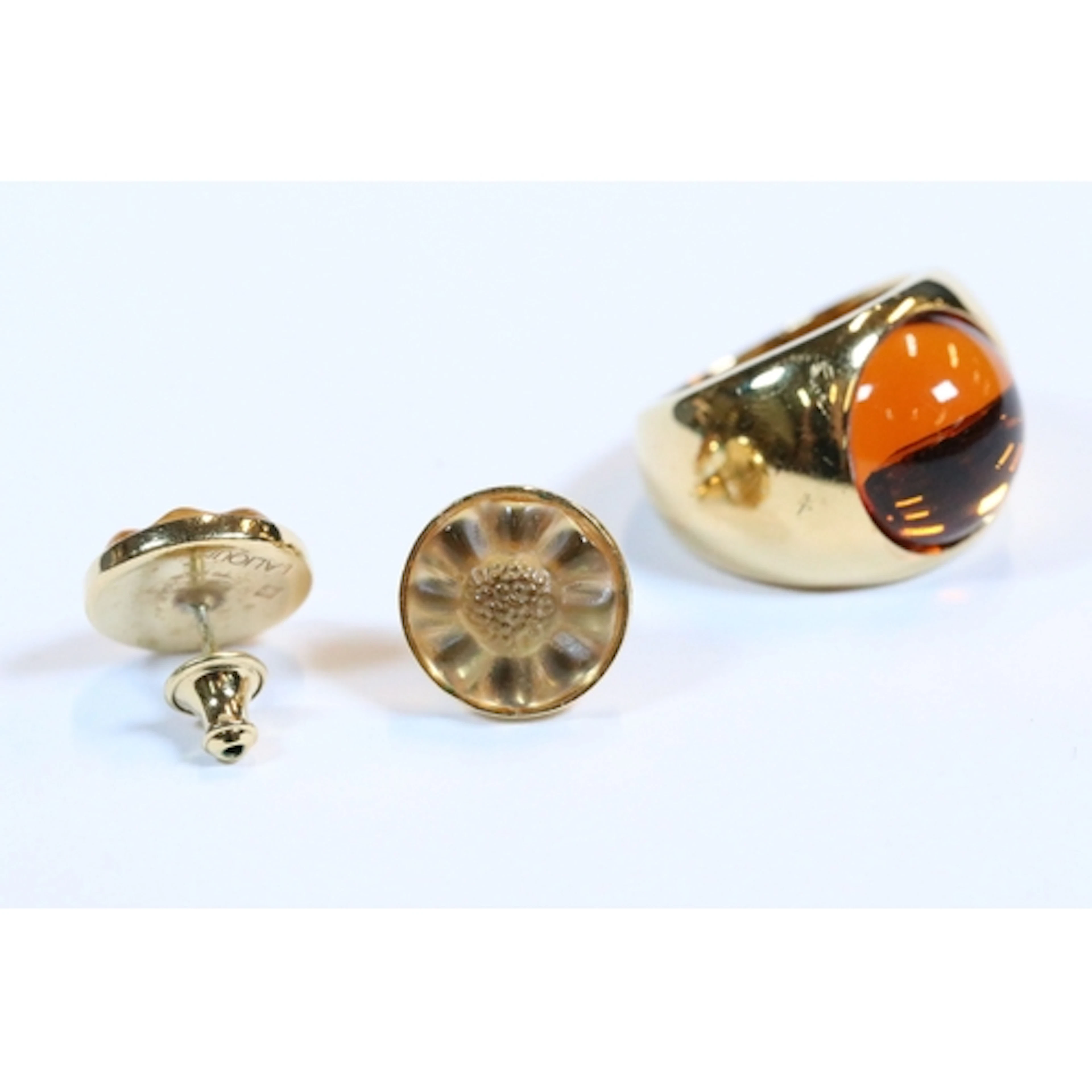 Lalique ring with amber glass set stone to centre, marked La...