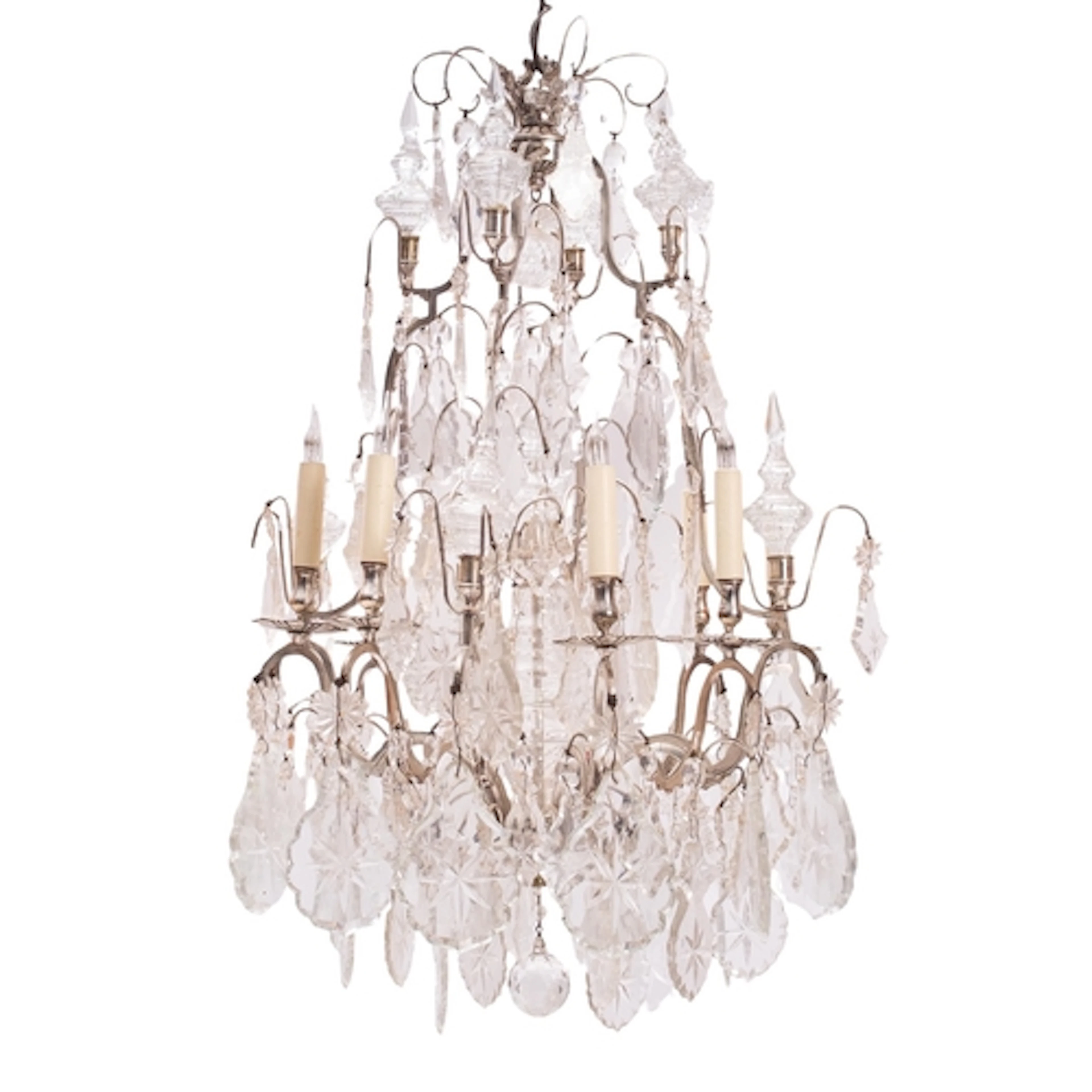 A Louis XV style silvered metal and glass ten light 'cage' c...