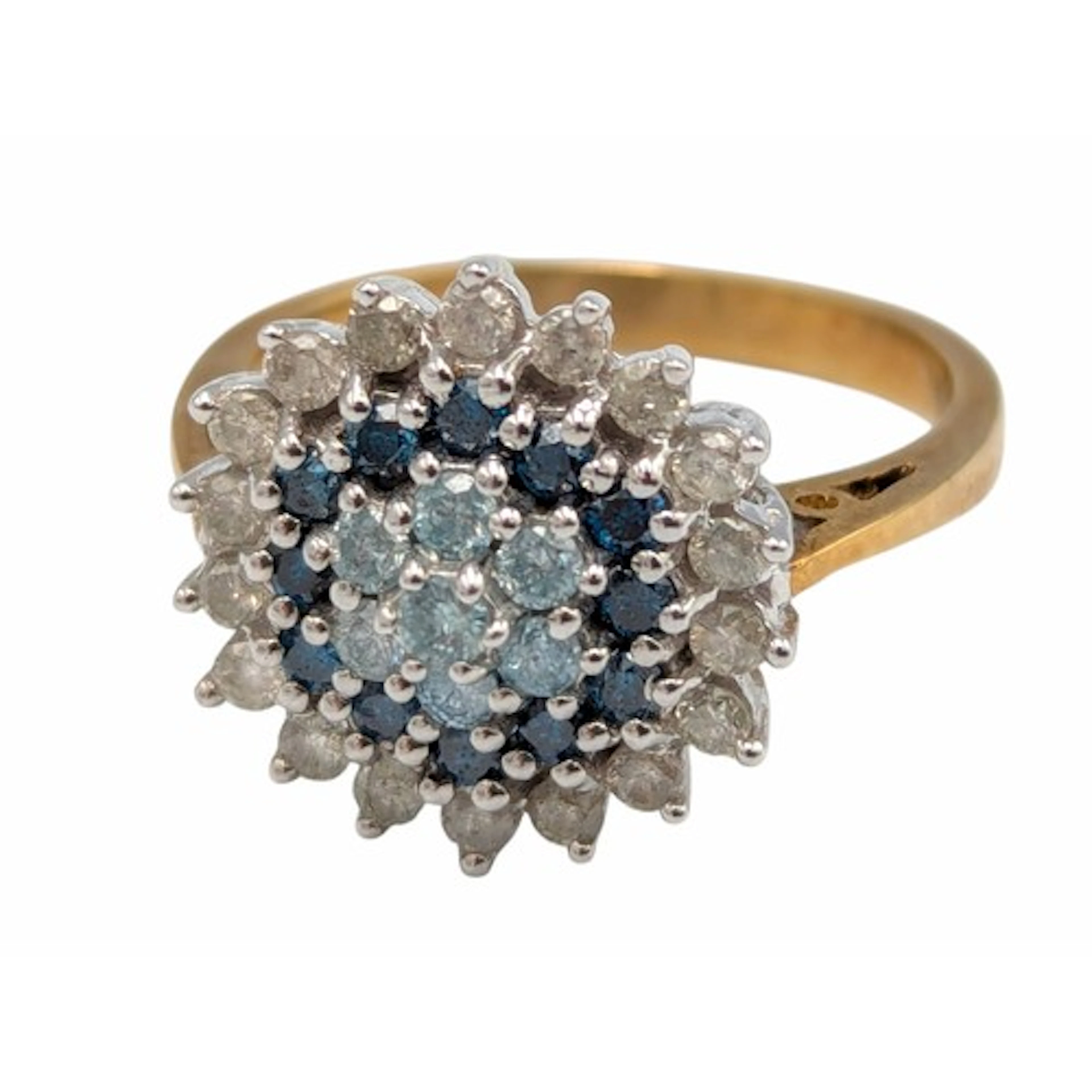 A three colour diamond blue and white cluster ring, 9ct gold...