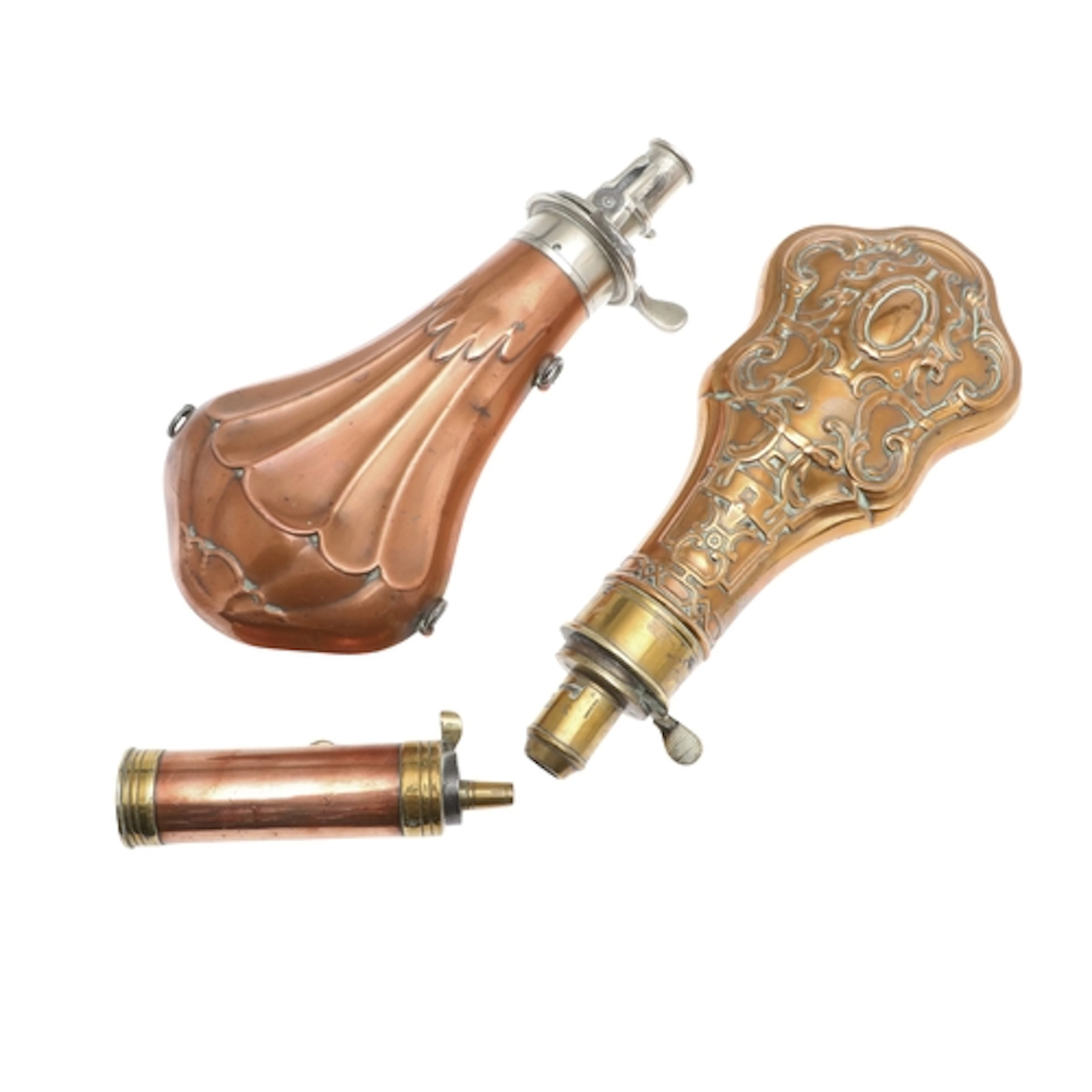 A COPPER BODIED POWDER FLASK BY JAMES DIXON AND SONS AND TWO...