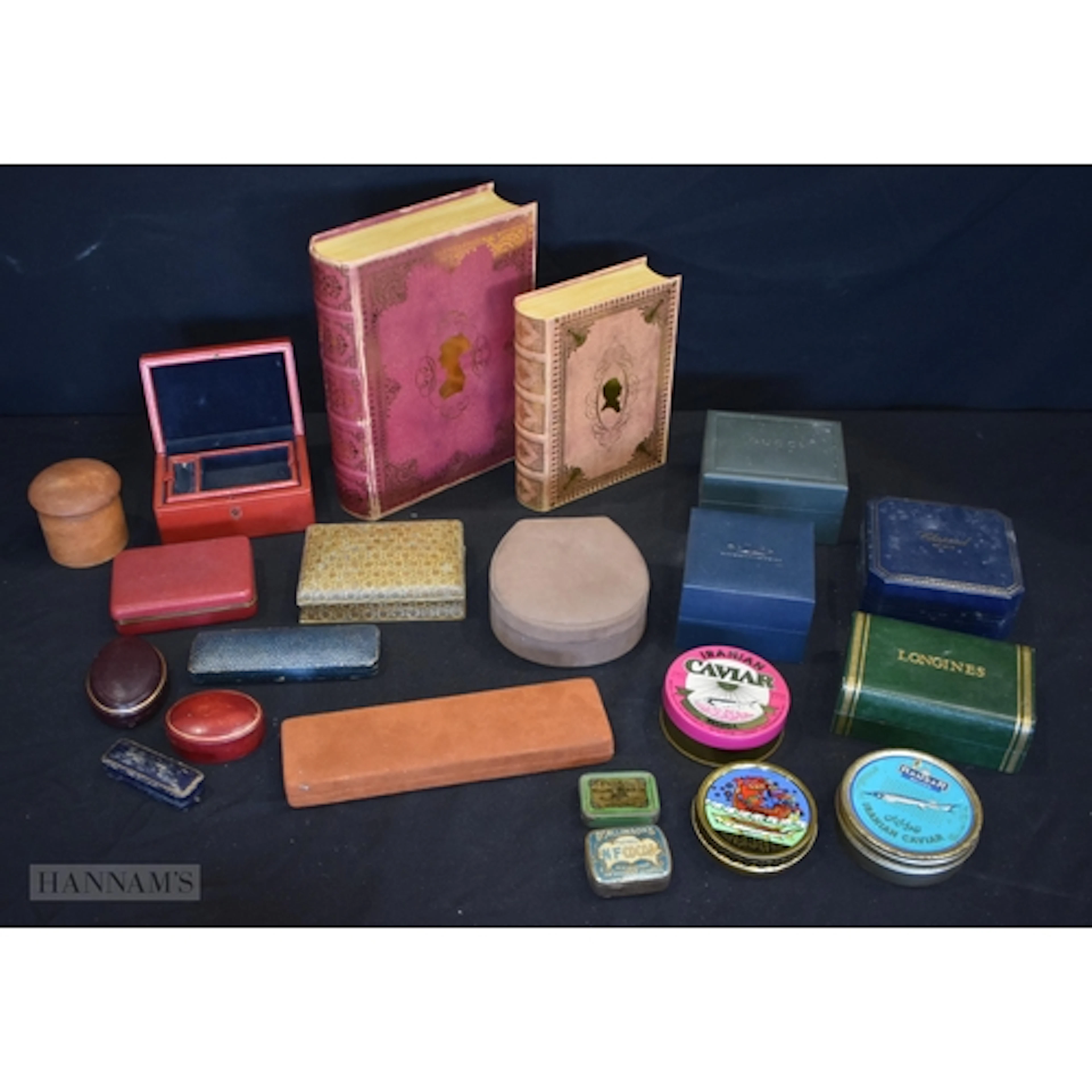 A collection of vintage tins jewellery and watch boxes 26cm...