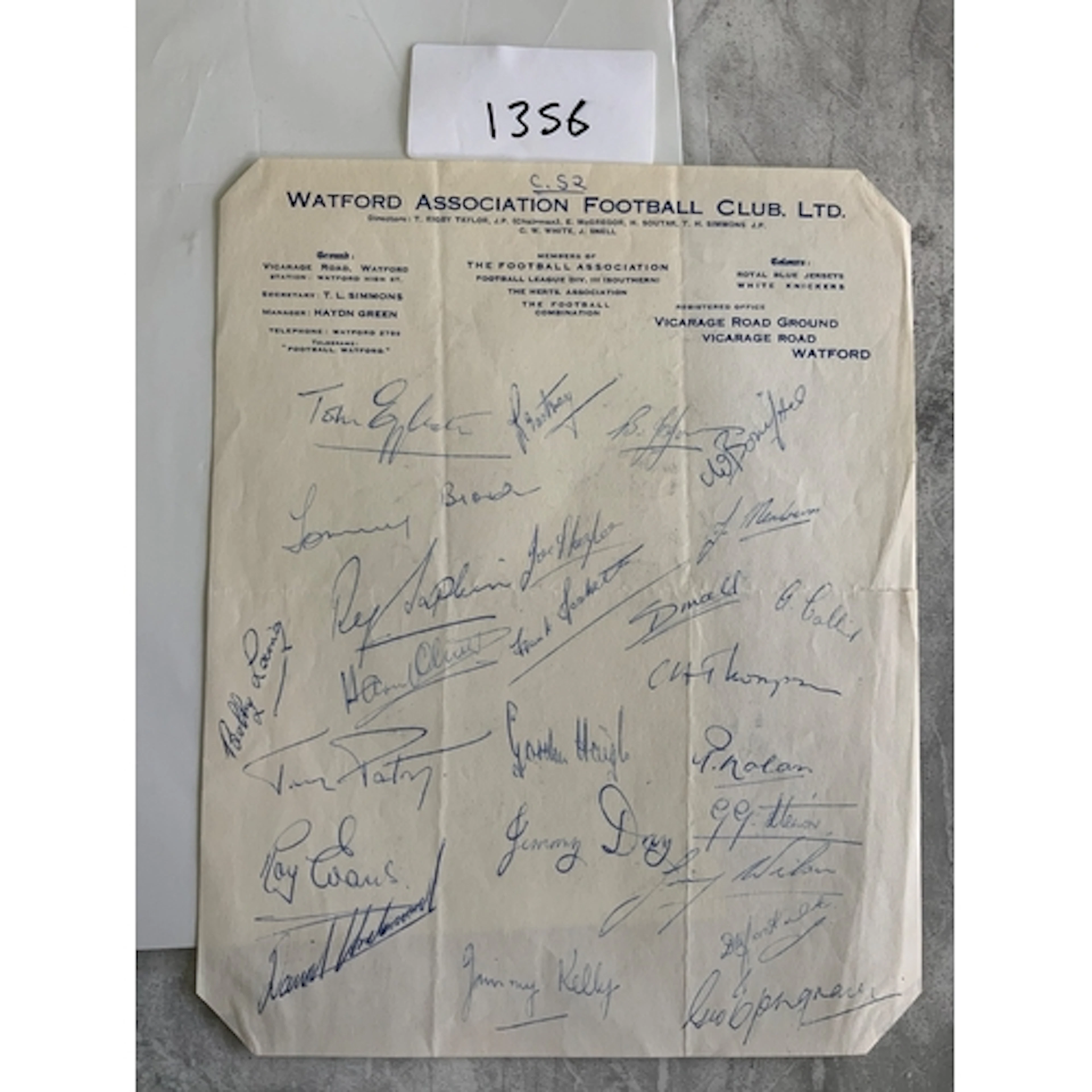 1952 Watford Football Squad Signed Headed Paper: Hand signed...