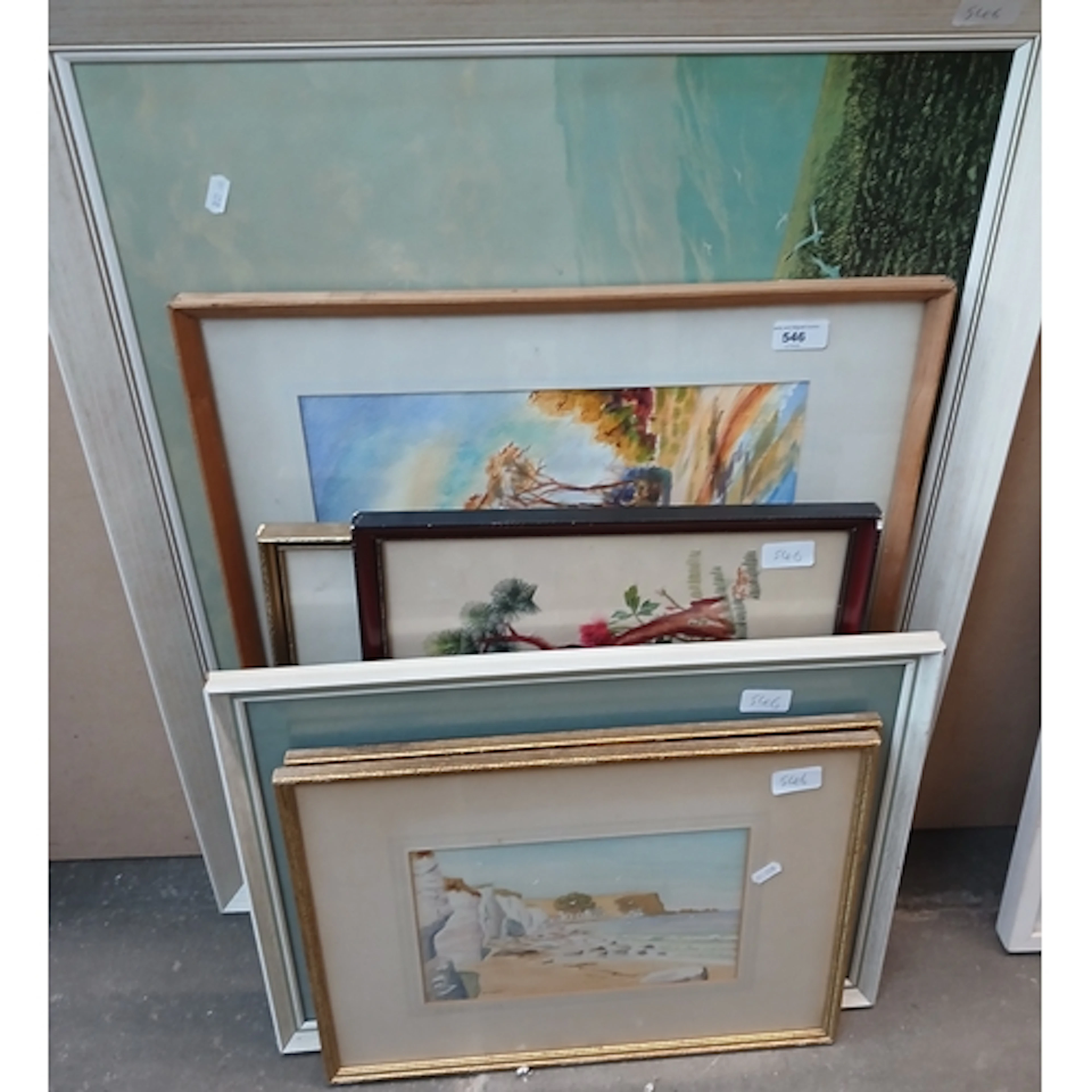Four original watercolours and various prints, silk pictures...