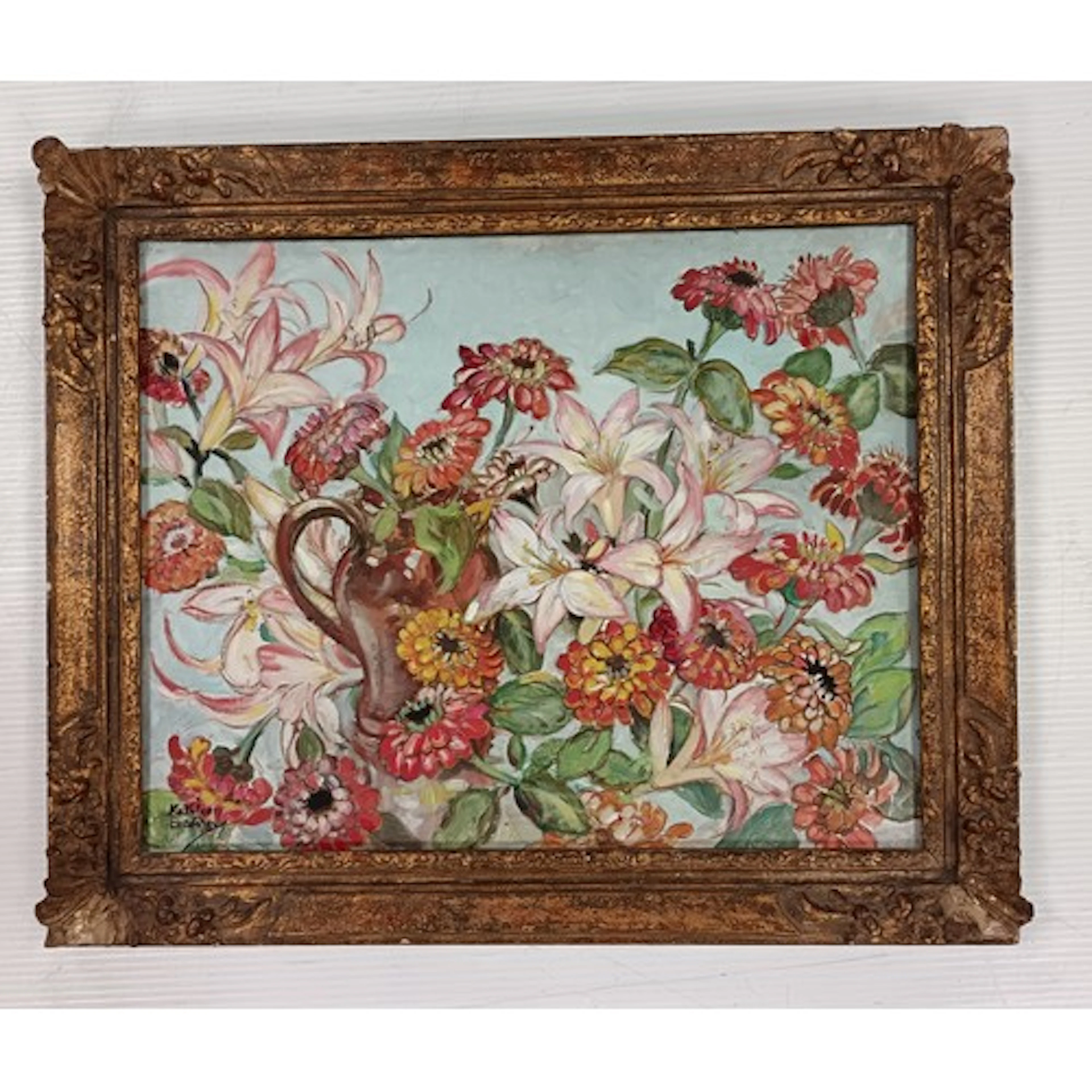 Signed Still Life of Lilies and Zinnias, Oil on Canvas signe...