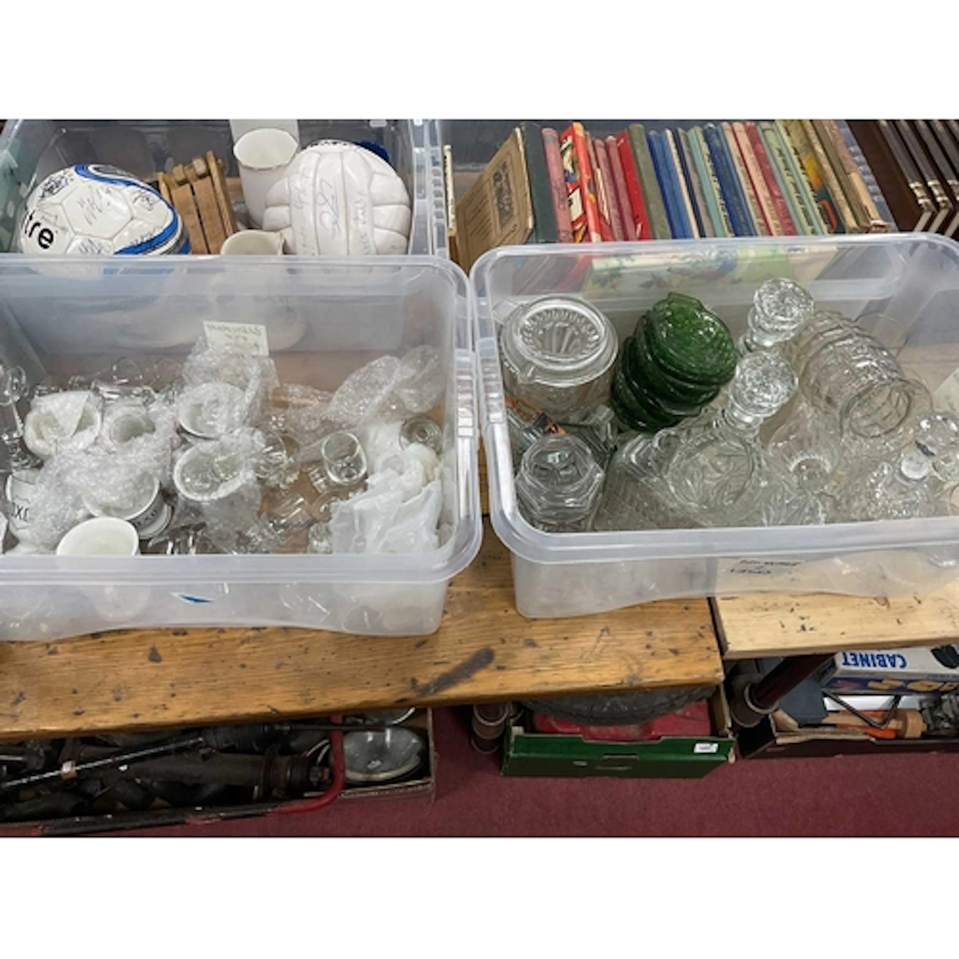 Two boxes of various glassware to include shot glasses, deca...
