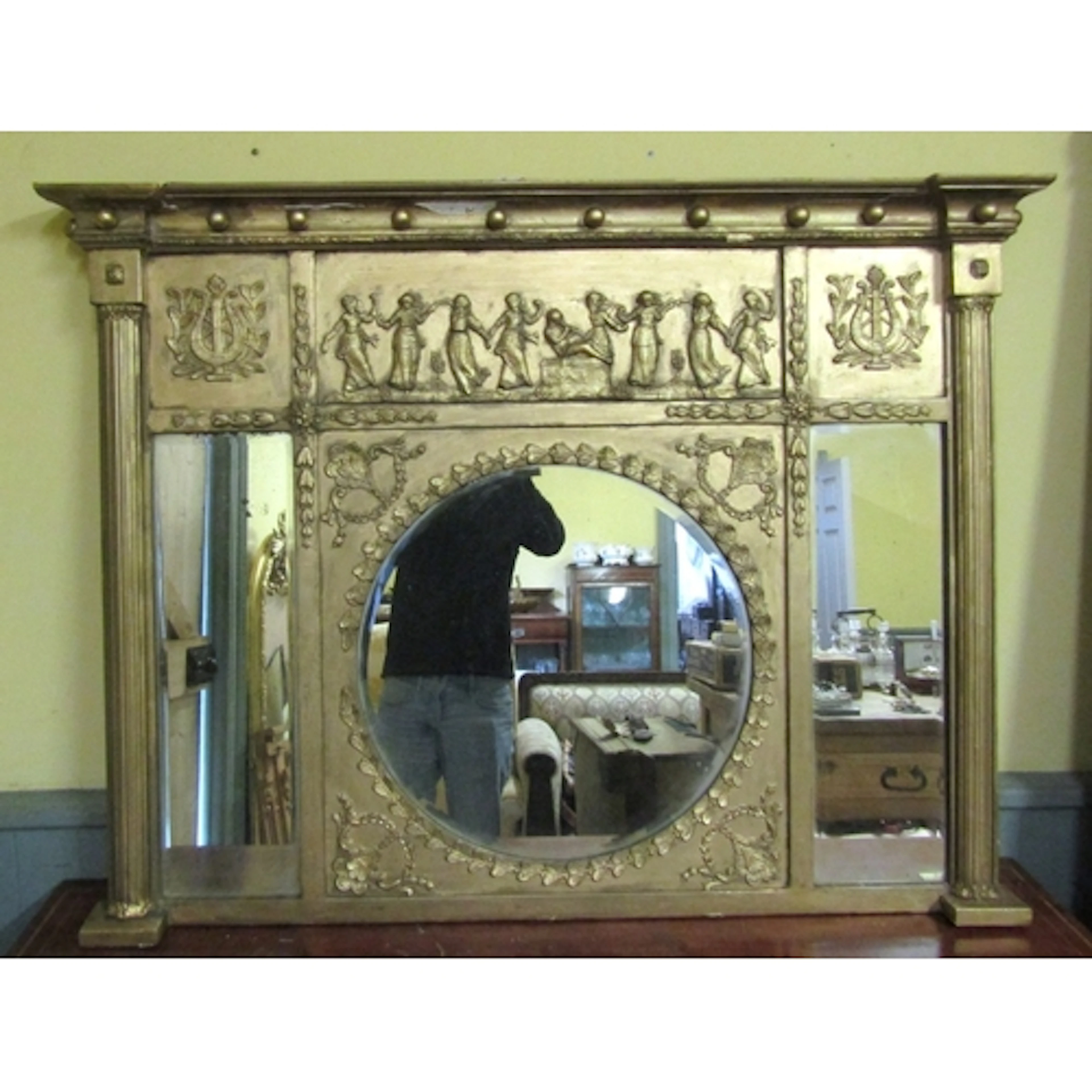 Antique Gilded Over Mantle Mirror with Side Column Decoratio...