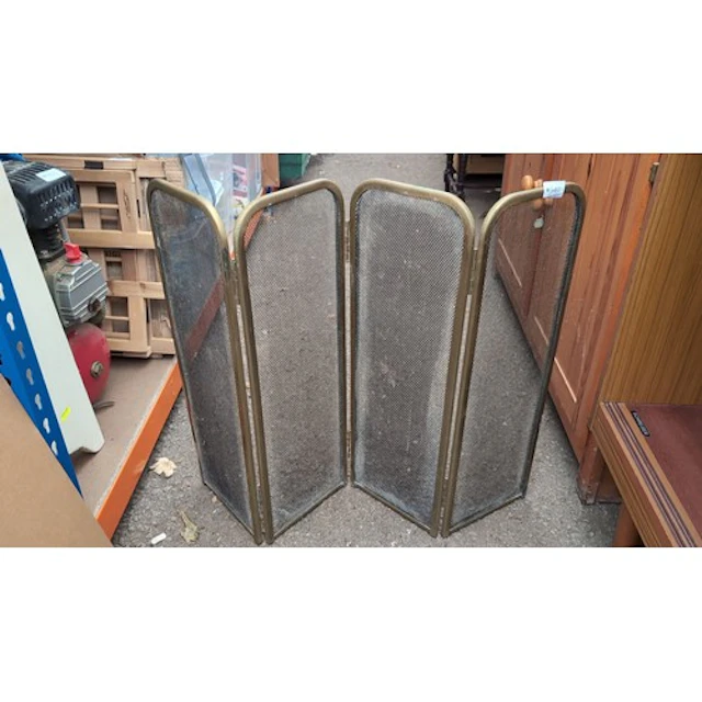 Four-panel folding fire screen with rounded brass-coloured m...