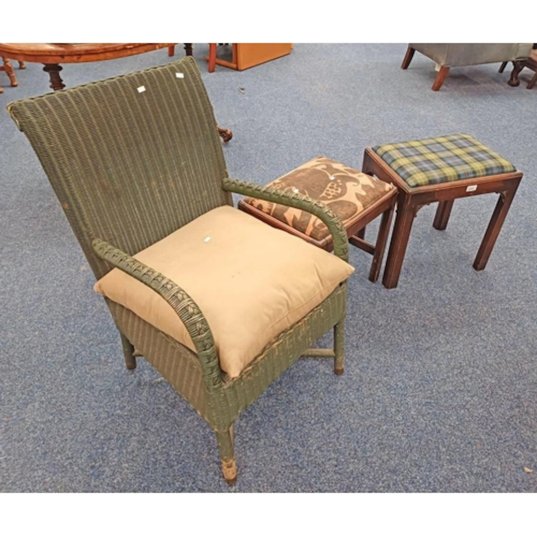 LLOYD LOOM OPEN ARMCHAIR AND 2 MAHOGANY DRESSING TABLE STOOL...