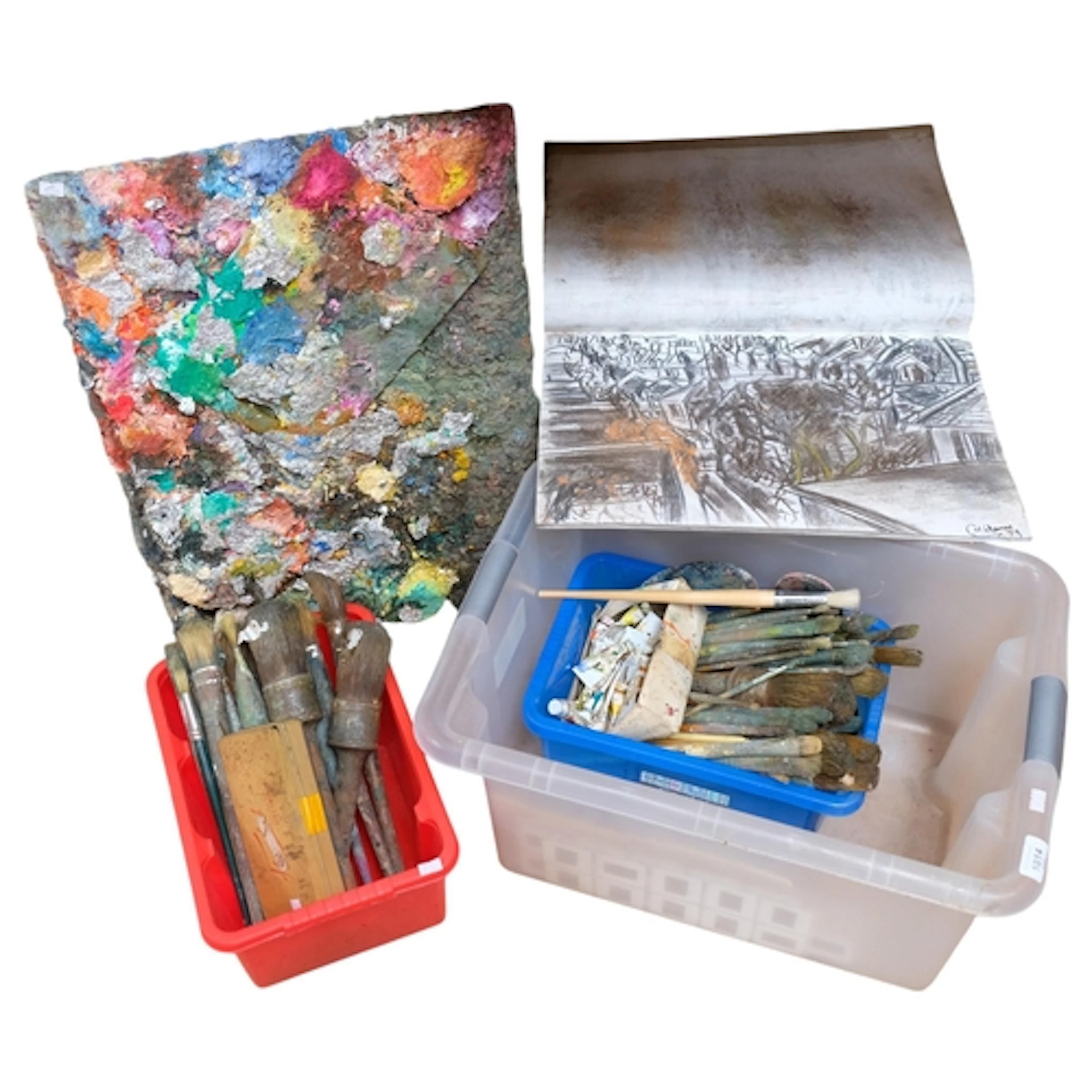 A large quantity of used brushes, and a mixed media multi-co...