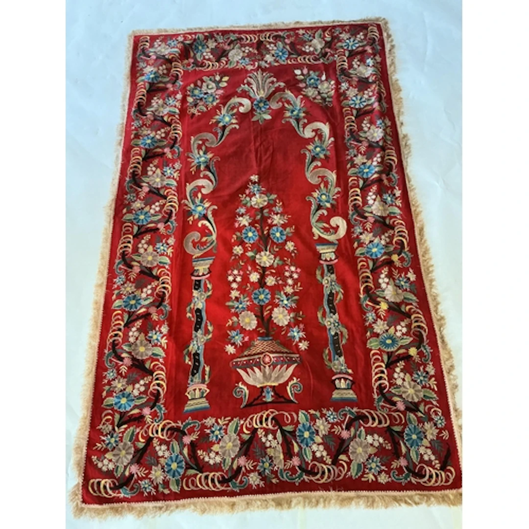 A 19th century Turkish Ottoman red wool prayer Hanging. Work...