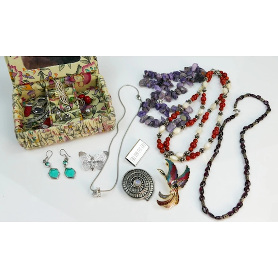 Assorted silver and costume jewellery including bead necklac...