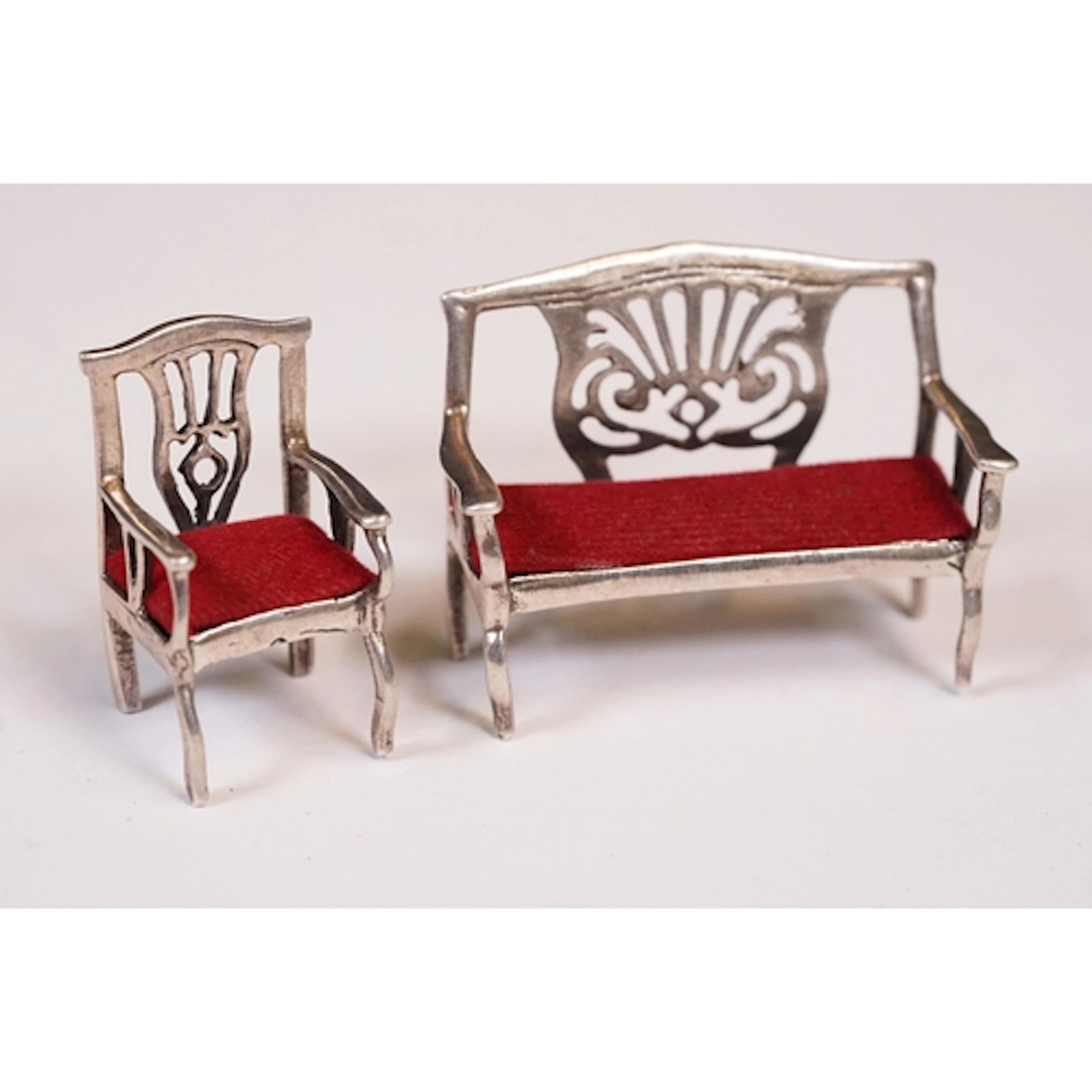 Two silver Victorian style miniature dolls house chairs to i...