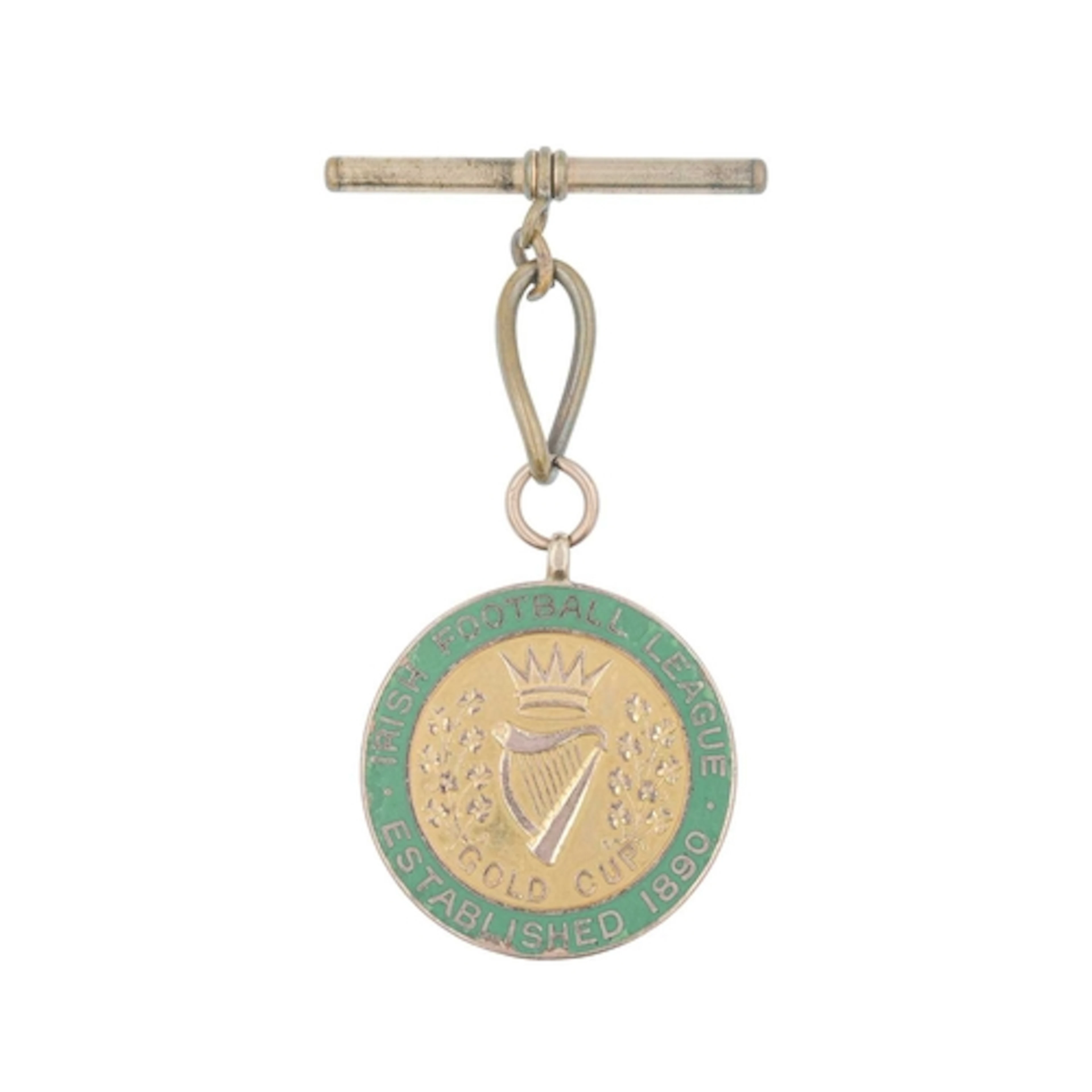 A George V Irish 9k rose gold and green enamel football meda...