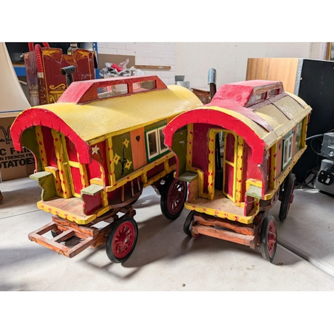 Two wooden hand made and painted gypsy caravans
