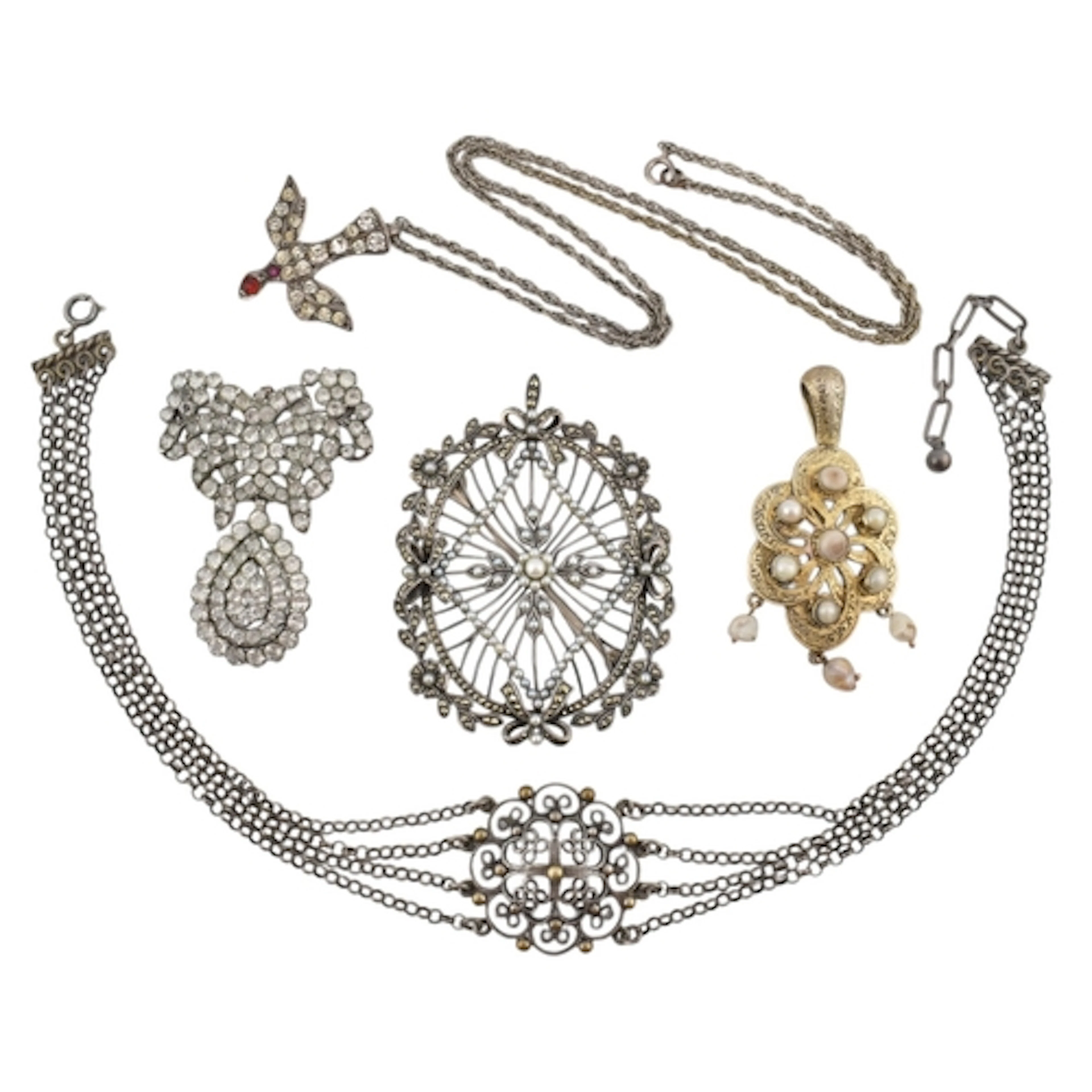 A selection of brooch pins and necklaces. Five items to incl...
