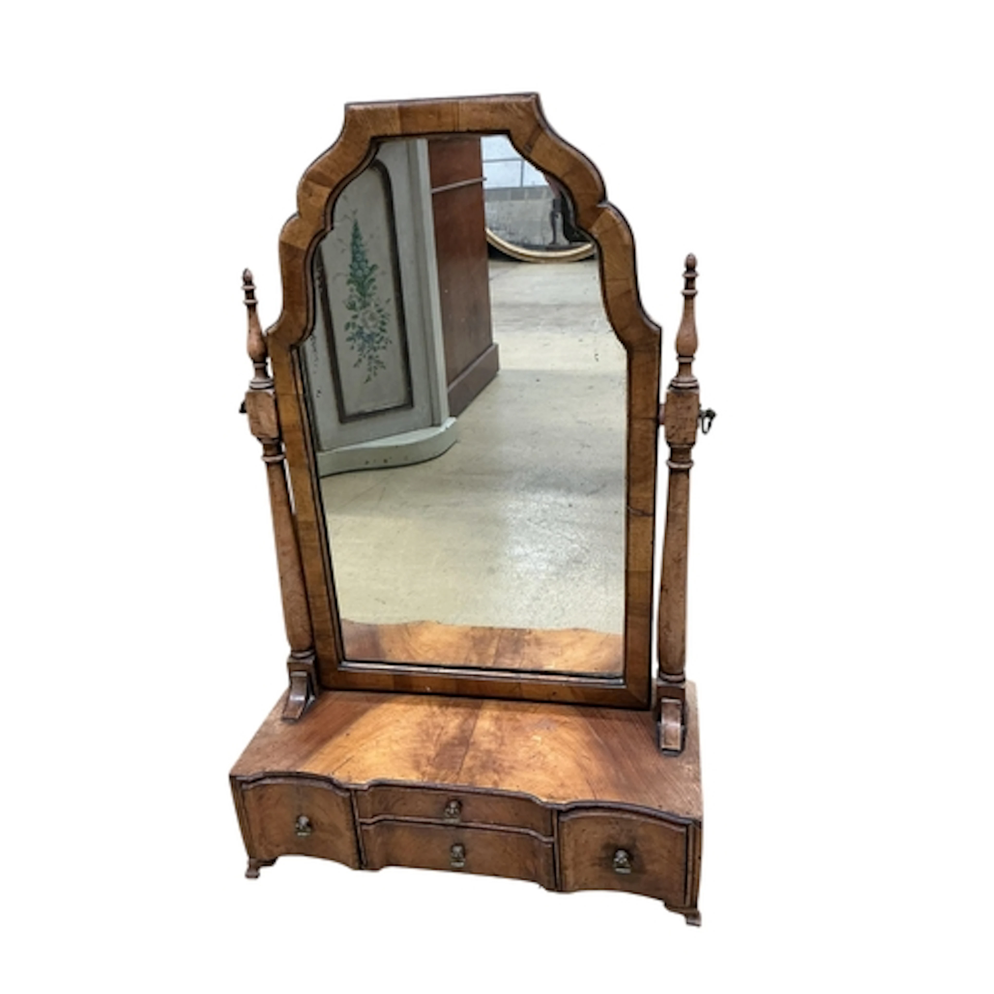 A Queen Anne revival faded mahogany toilet mirror, width 47c...