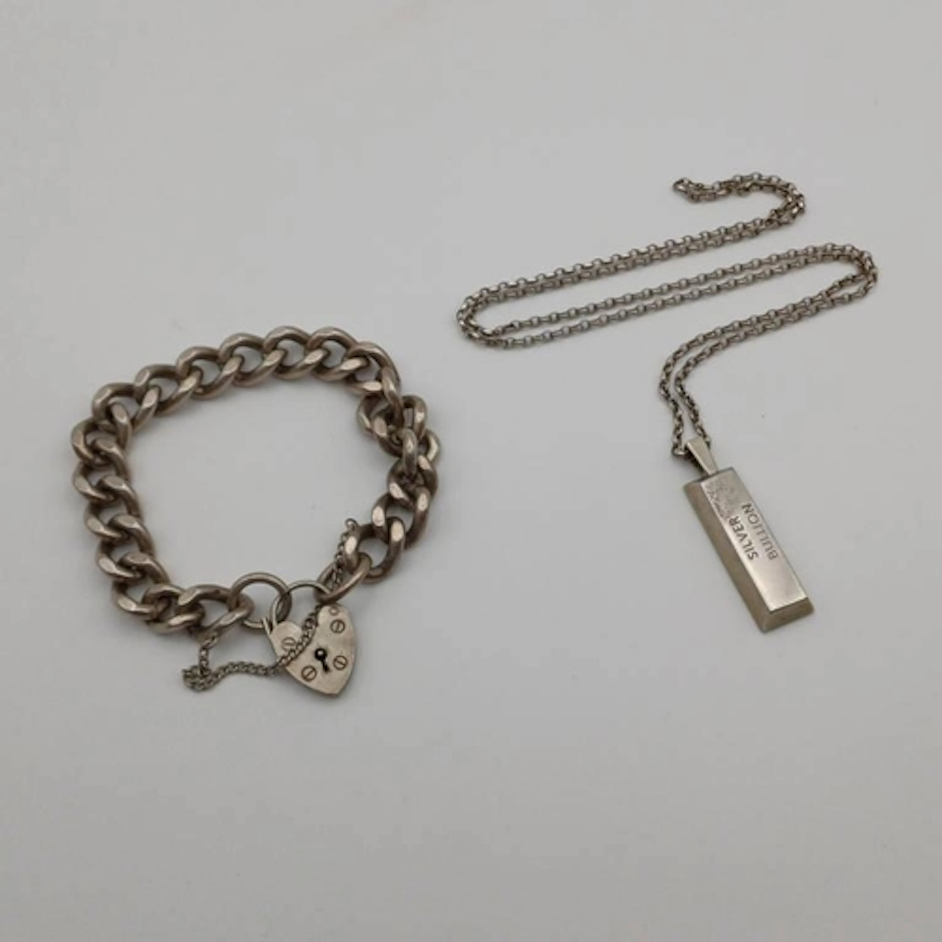 SILVER CURB LINK BRACELET & SILVER INGOT PENDANT ON CHAIN - ...