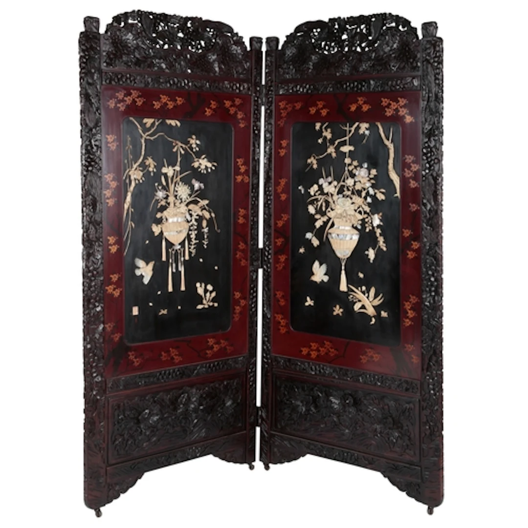 A Japanese twofold hardwood, shibayama and lacquer, Meiji pe...