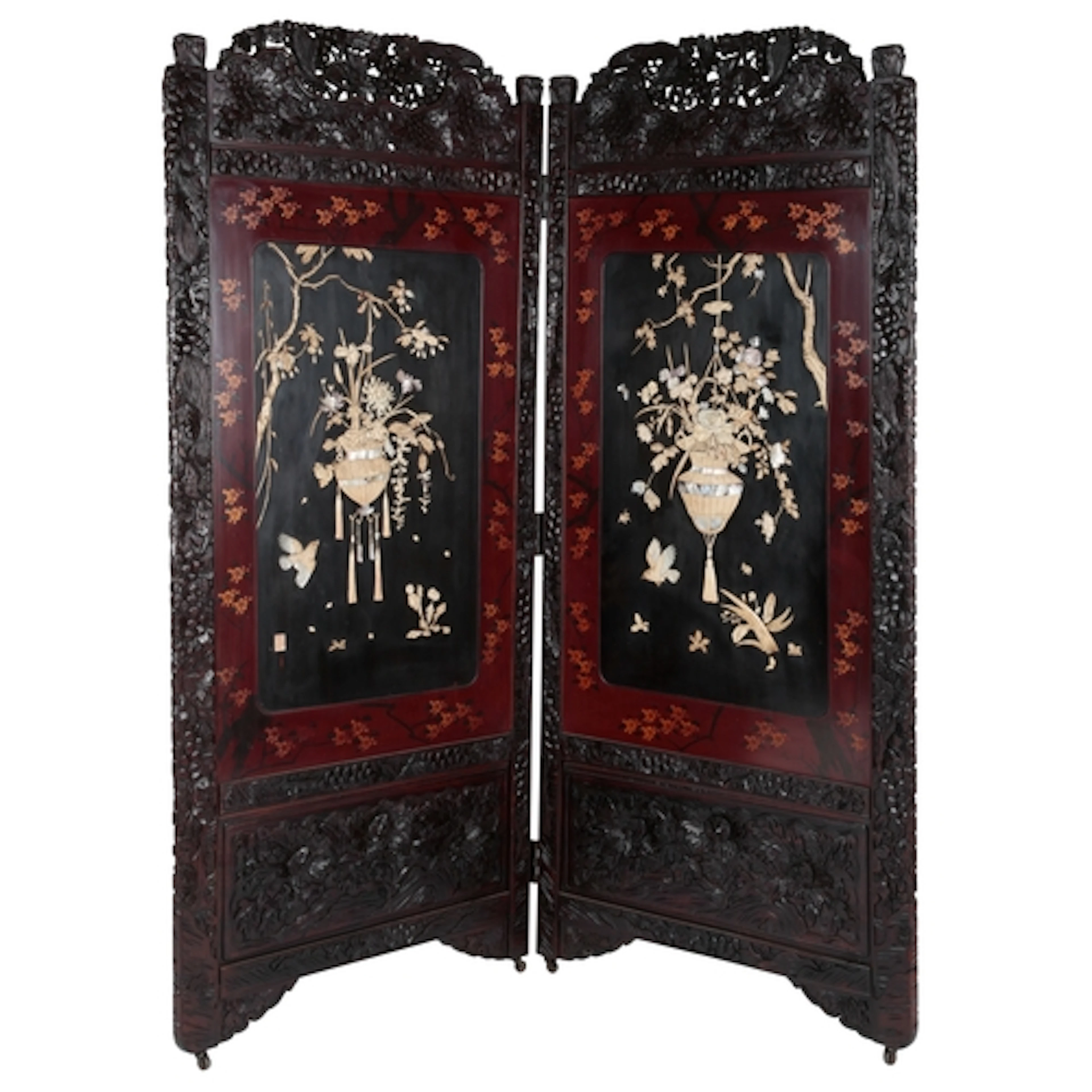 A Japanese twofold hardwood, shibayama and lacquer, Meiji pe...