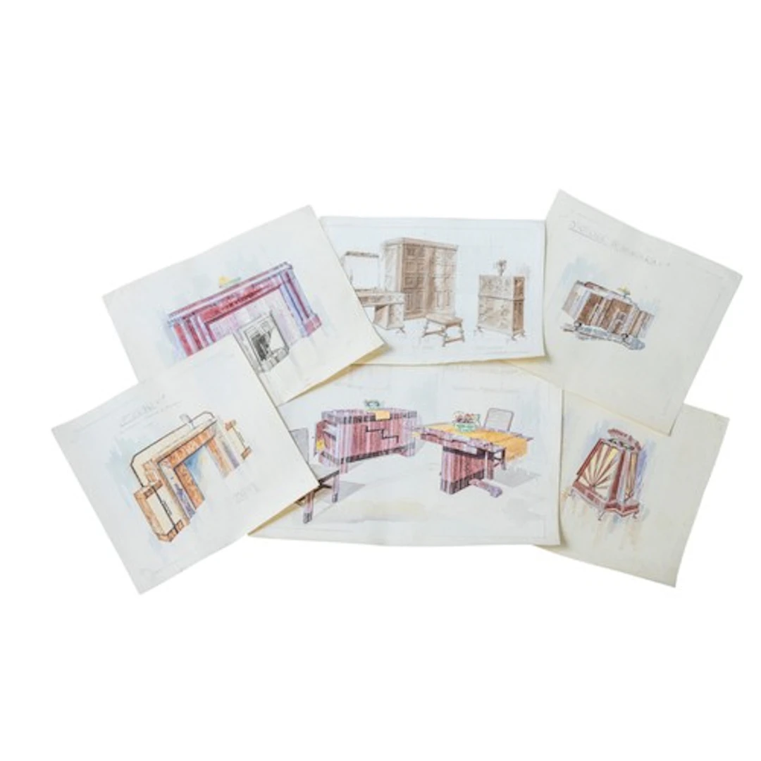 A FOLIO OF VINTAGE FURNITURE DESIGN WATER COLOUR SKETCHES CI...