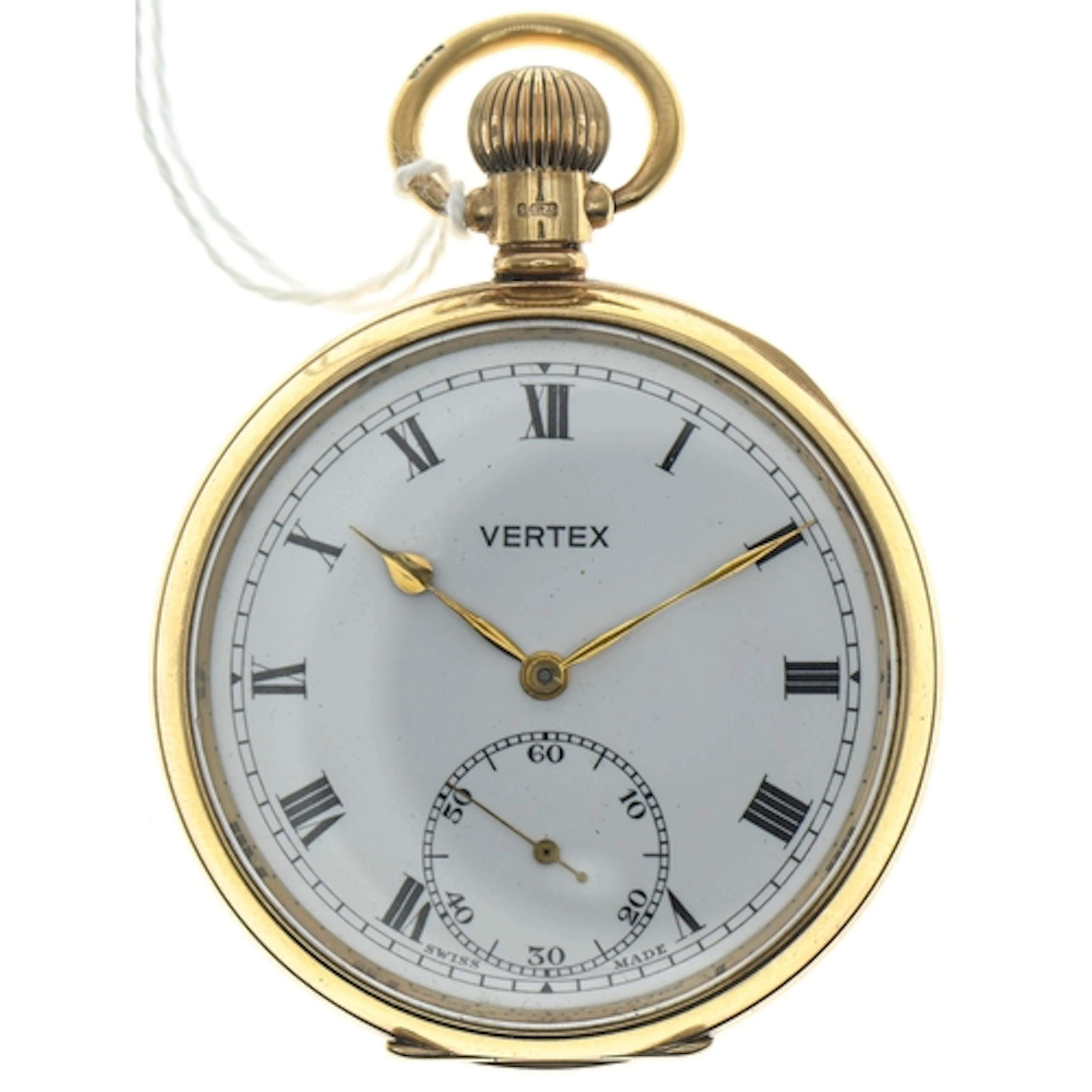 Vertex 9ct gold cased keyless wind open face pocket watch, t...