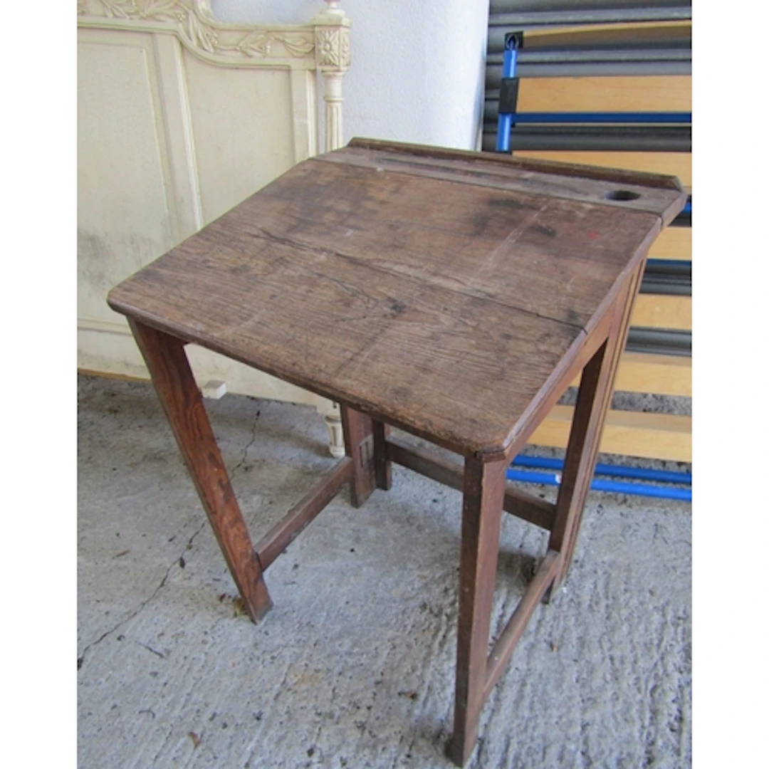 Old Oak Child's School Desk with Folding Supports Victorian