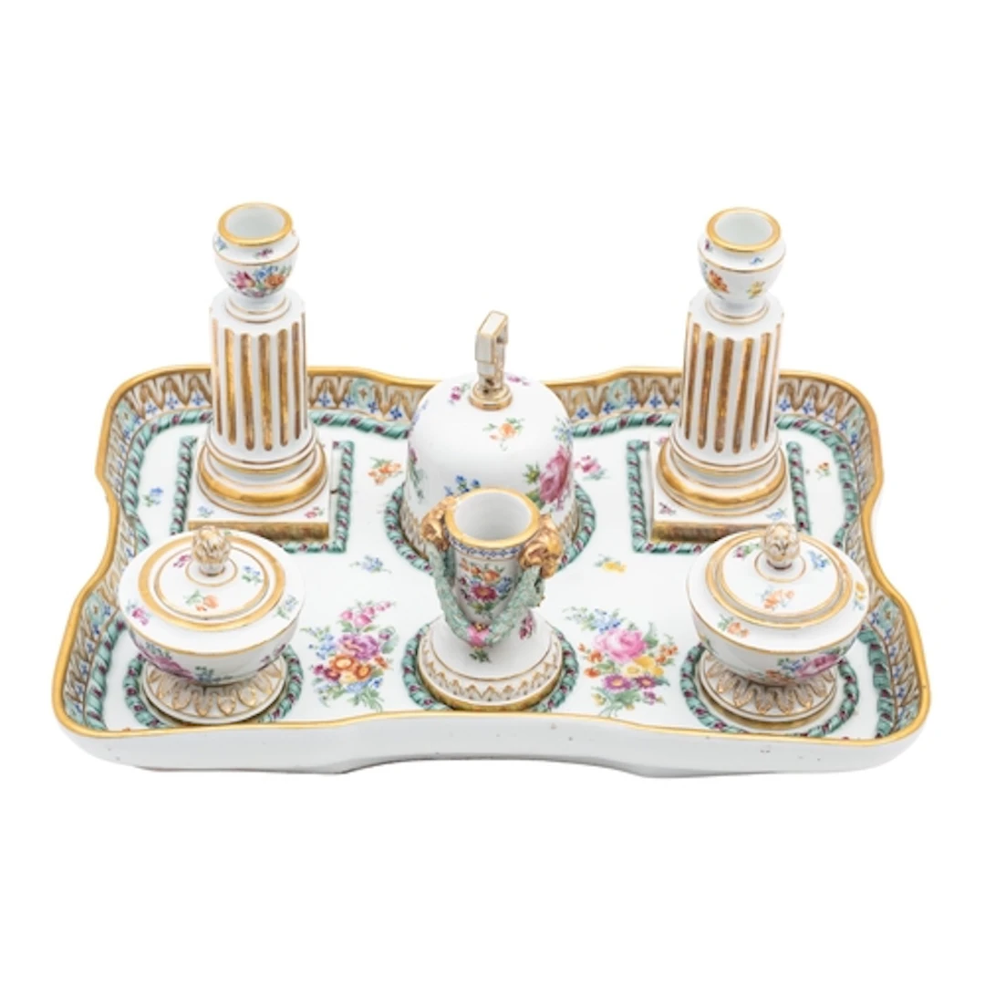 A Meissen seven-piece desk set, 19th century in Marcolini st...
