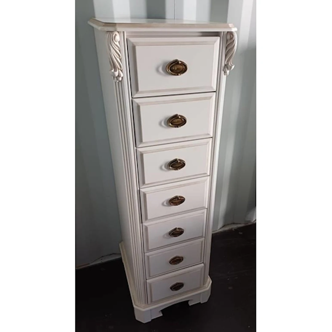 19TH CENTURY STYLE CREAM TALL CHEST OF 7 DRAWERS, 127CM TALL...