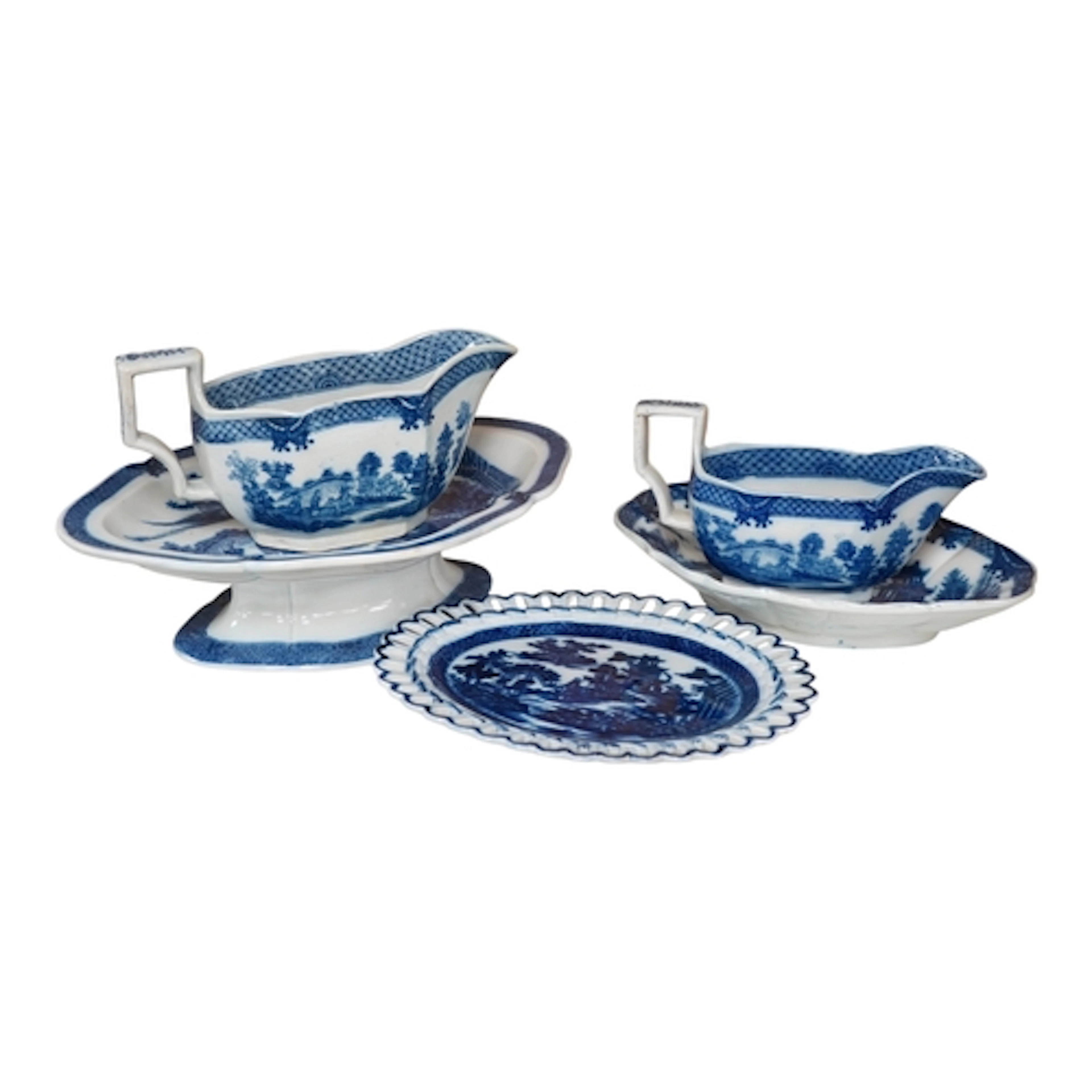 Three Staffordshire pearlware blue and white dishes, along w...