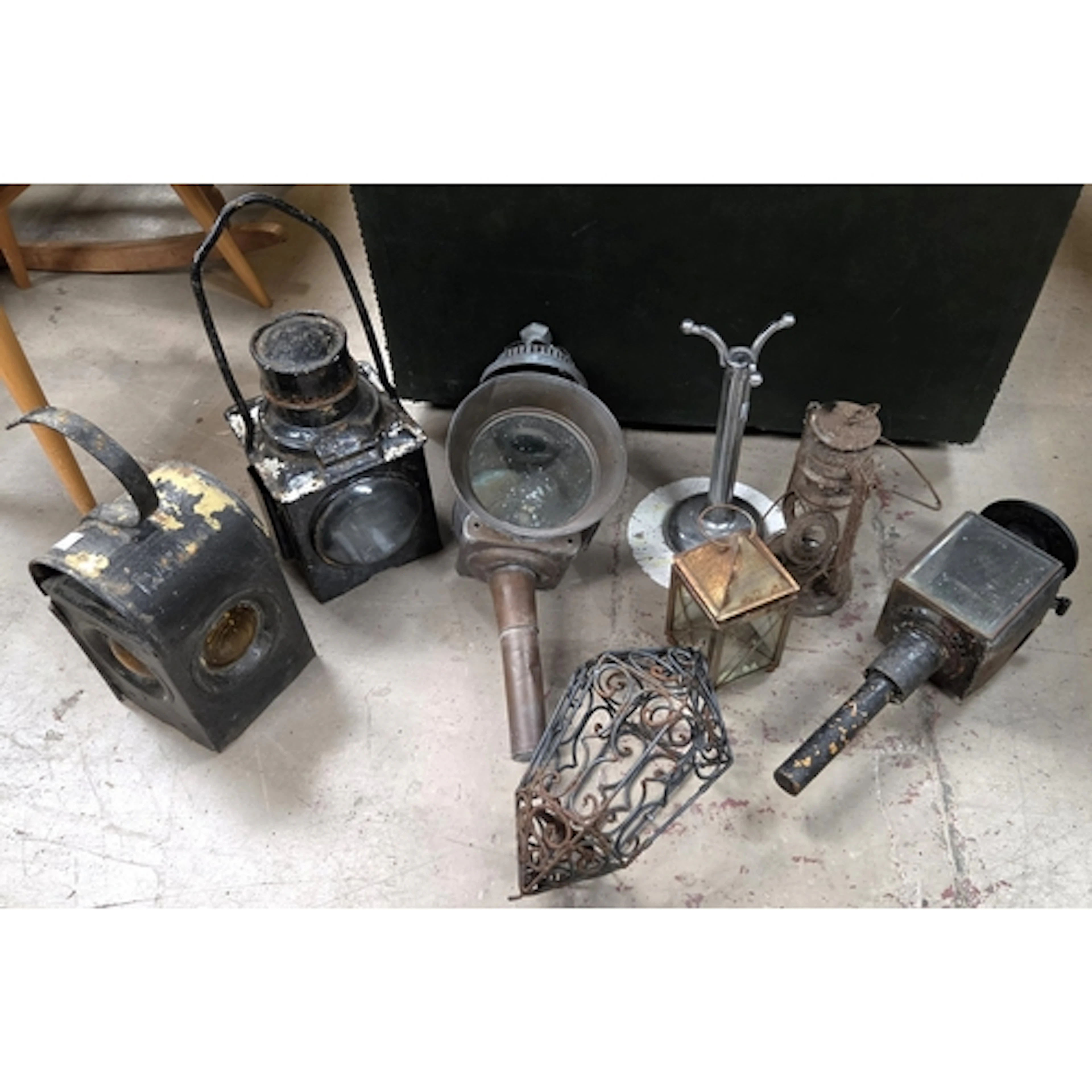 Two vintage japanned train lanterns, coach lanterns etc