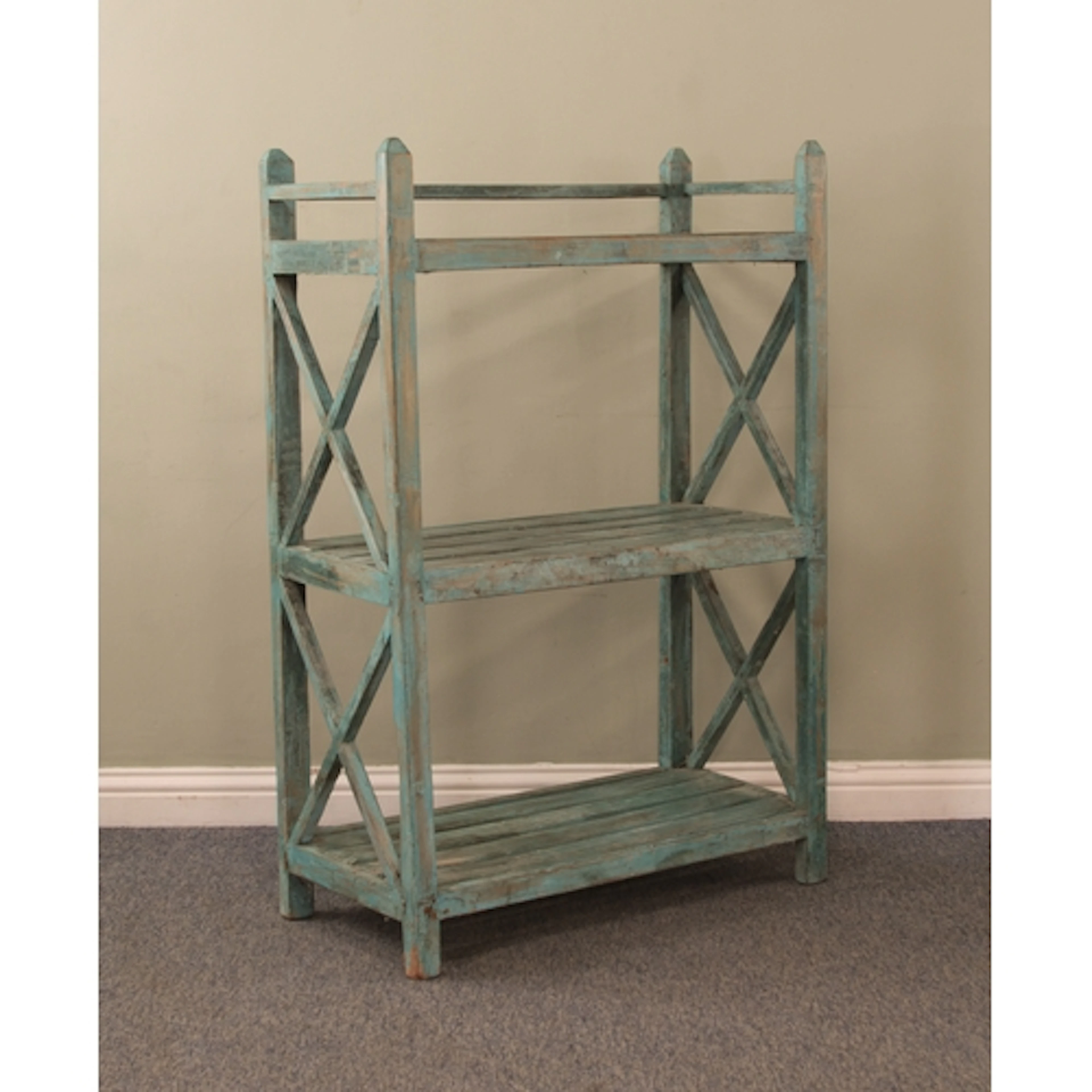 A turquoise painted three-tier open shelf unit - with slatte...