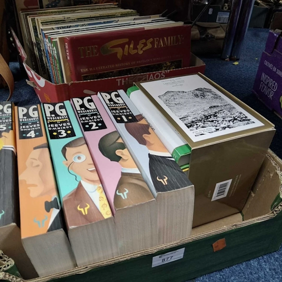 TWO BOXES OF BOOKS to include five volumes of The Jeeves Omn...