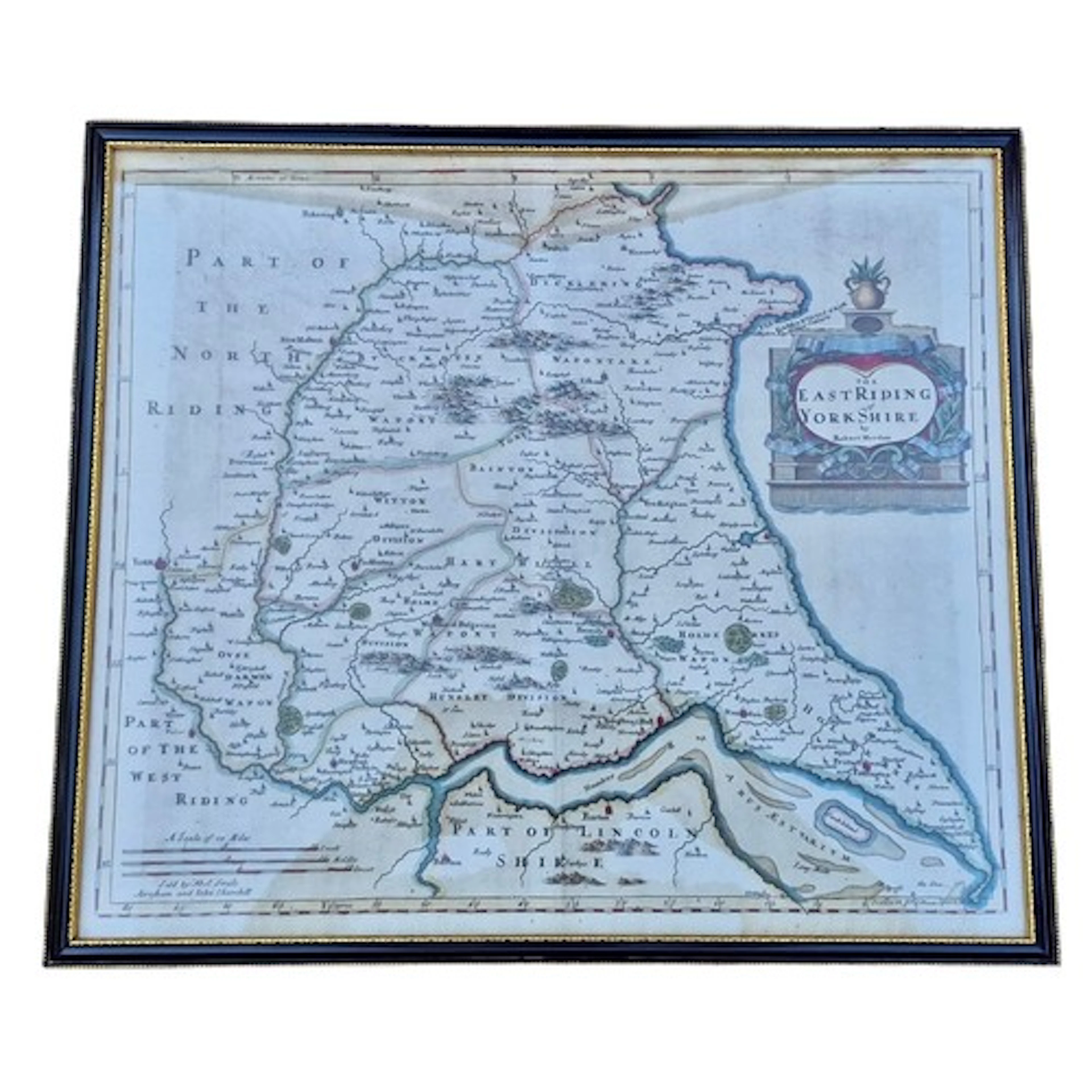 A framed original map of East Yorkshire by Robert Morden cir...