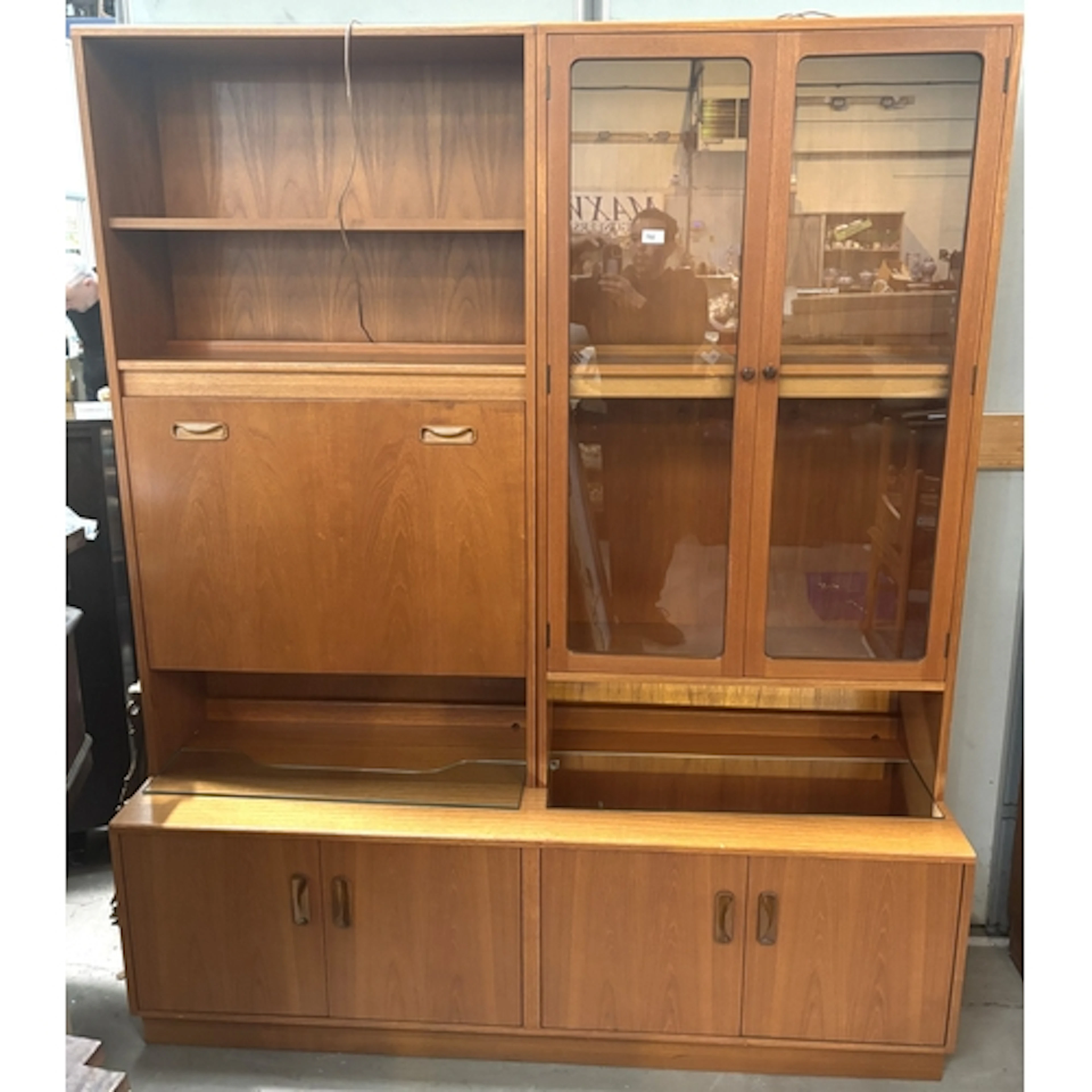 G-Plan mid-century teak wall unit, 4 door sideboard base, wi...