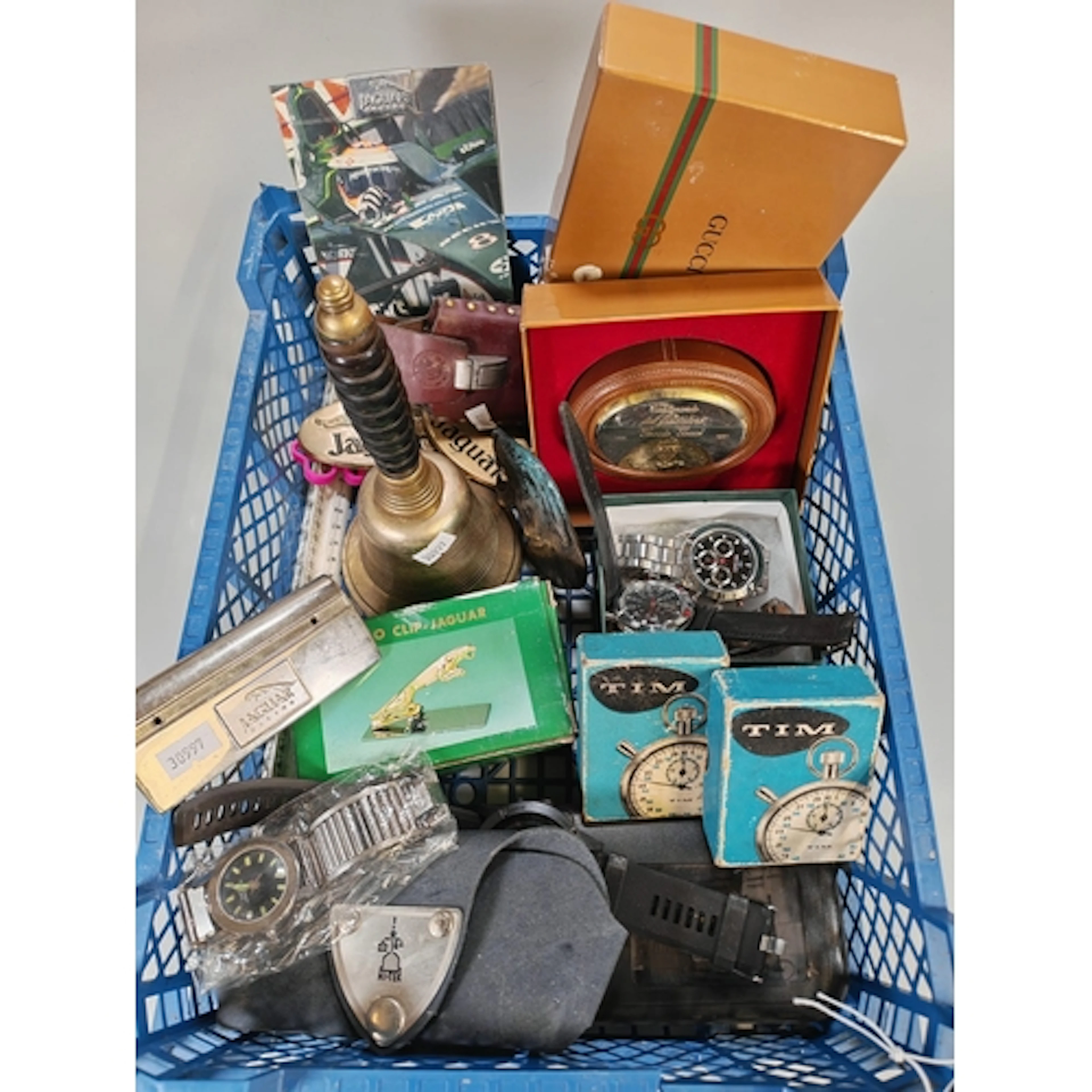 Box of oddments to include: brass school type bell with turn...