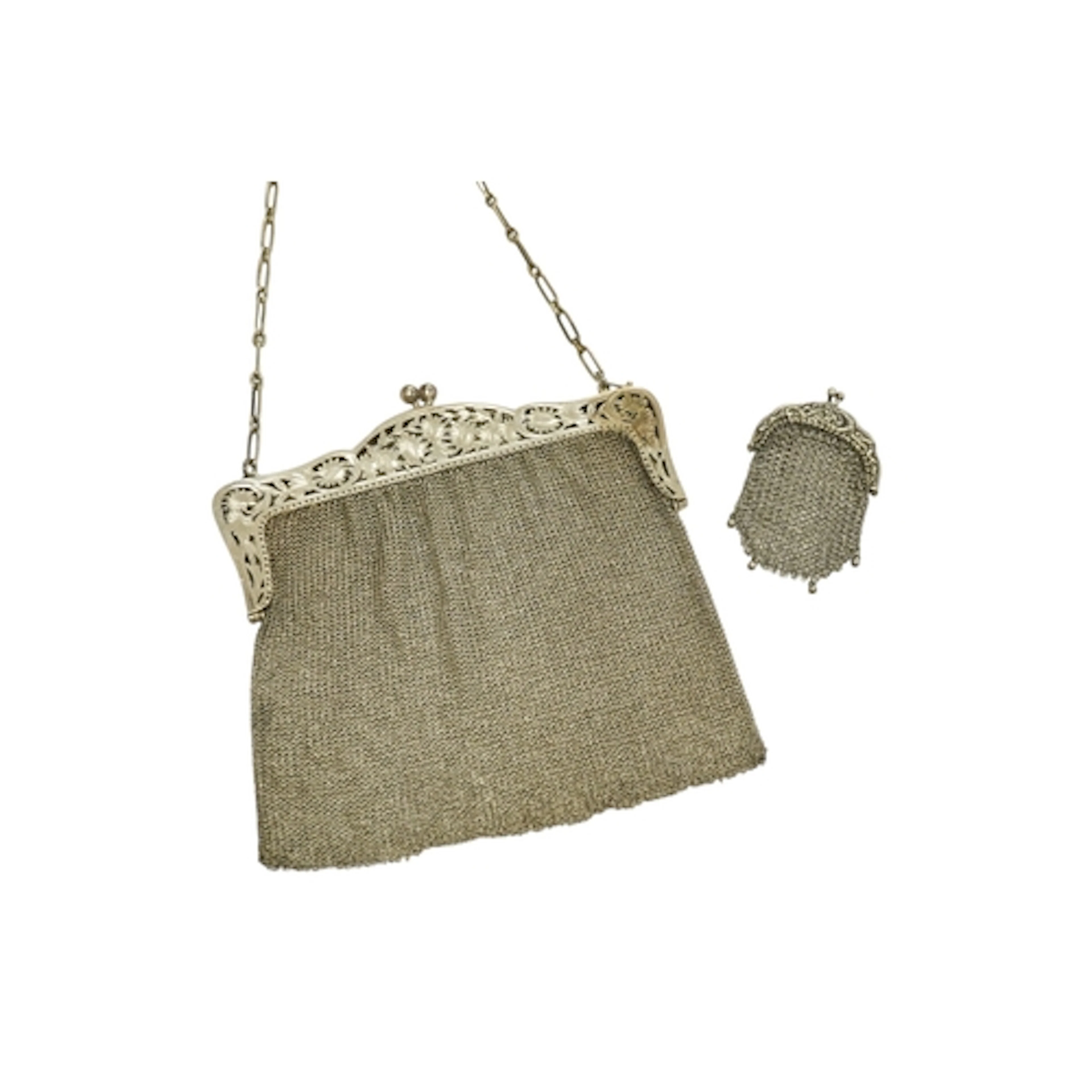 An early 20th century French white metal mesh evening bag, w...