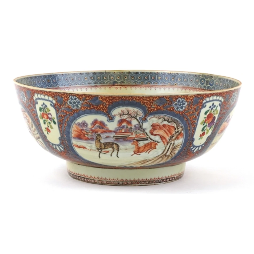 Large Chinese punch bowl hand painted in the Imari pattern w...
