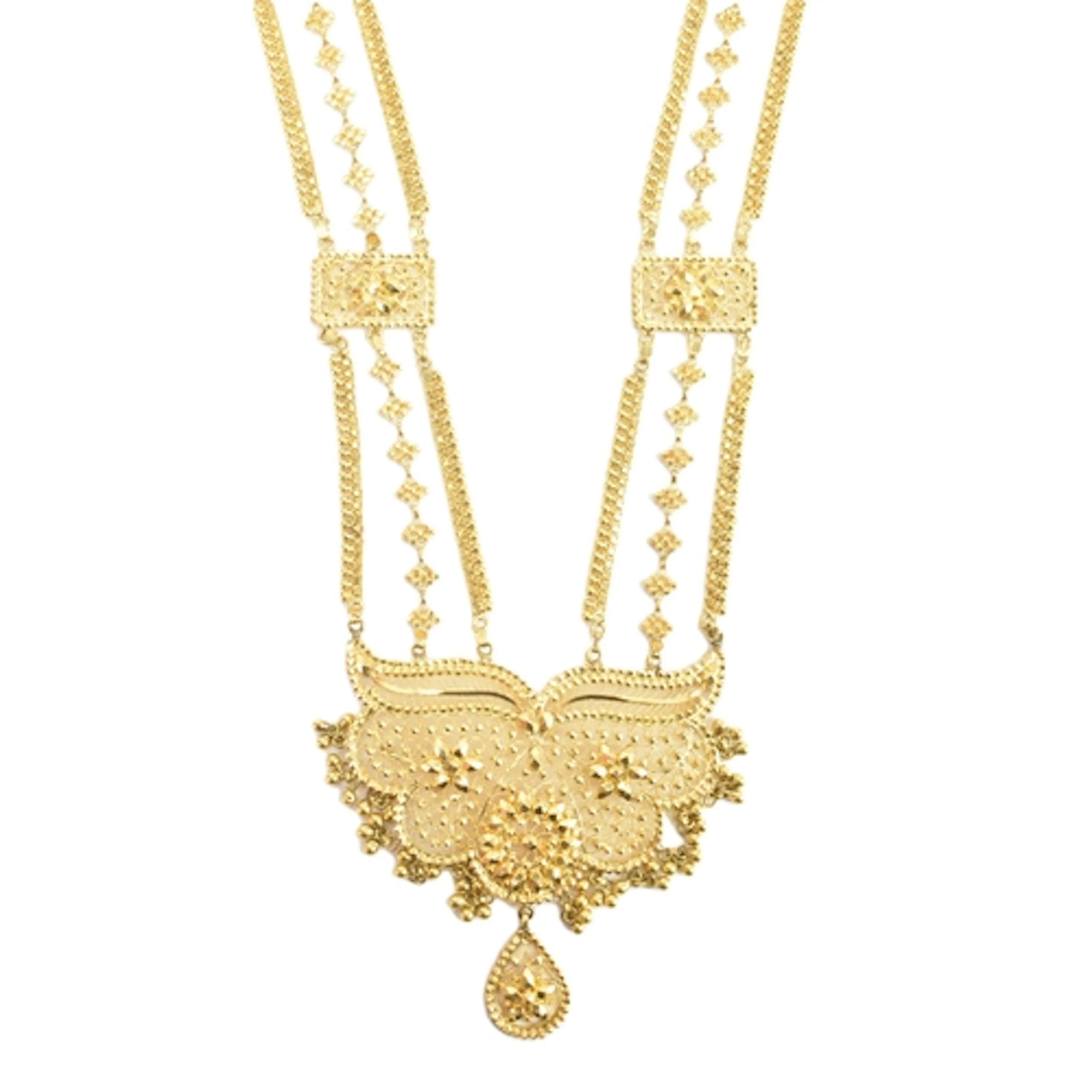 A yellow gold Indian filigree necklace, testing as 20-22ct g...