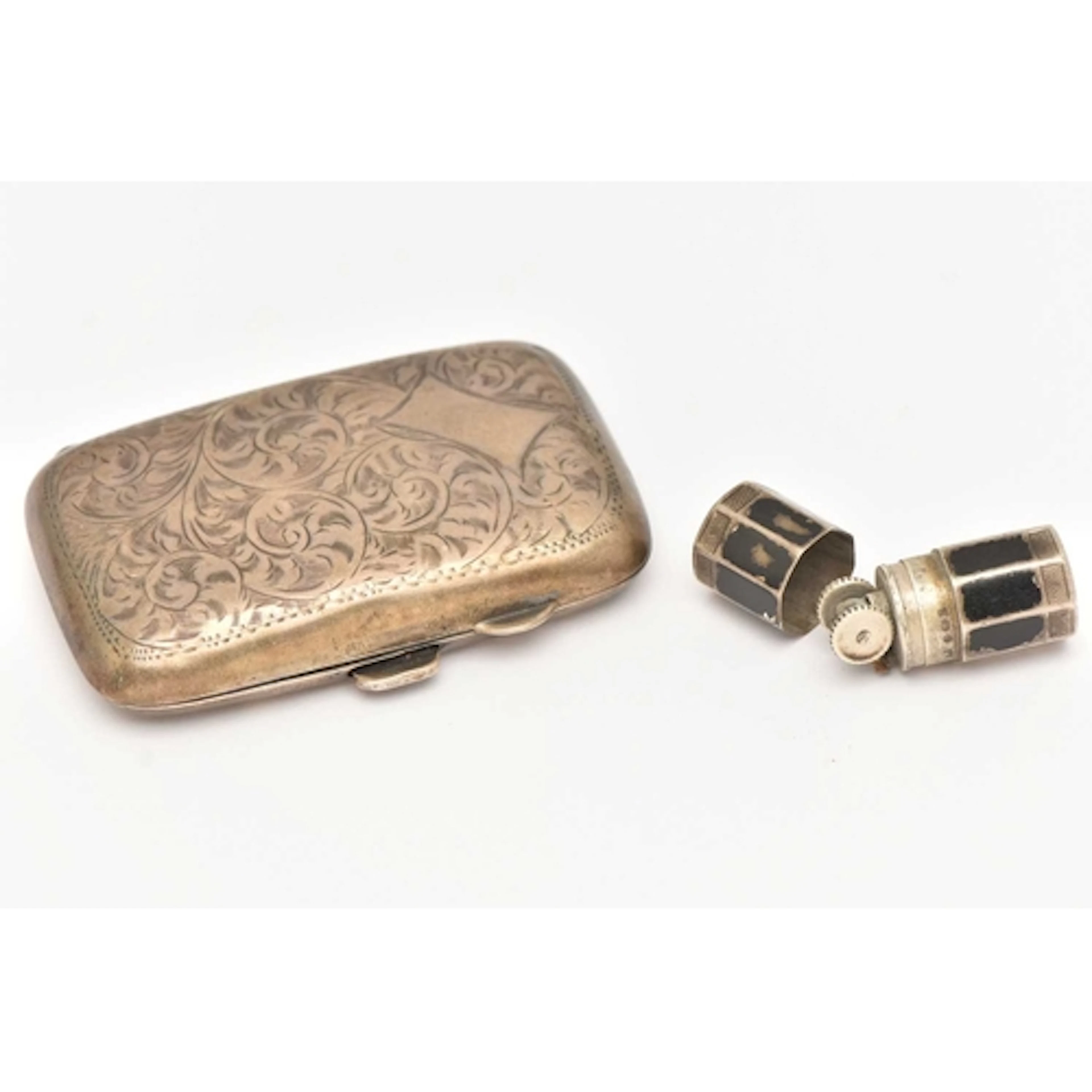 SILVER CIGARETTE CASE AND A MINIATURE LIGHTER, the cigarette...