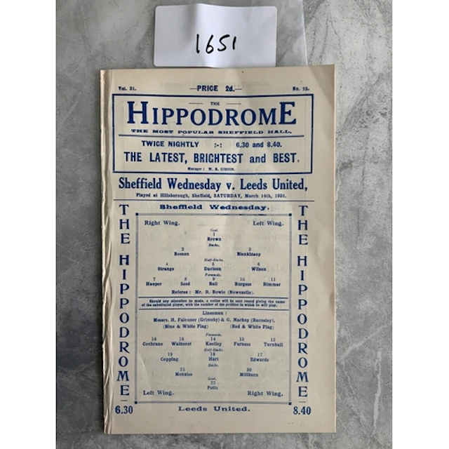 1930 - 1931 Sheffield Wednesday v Leeds United Football Prog...
