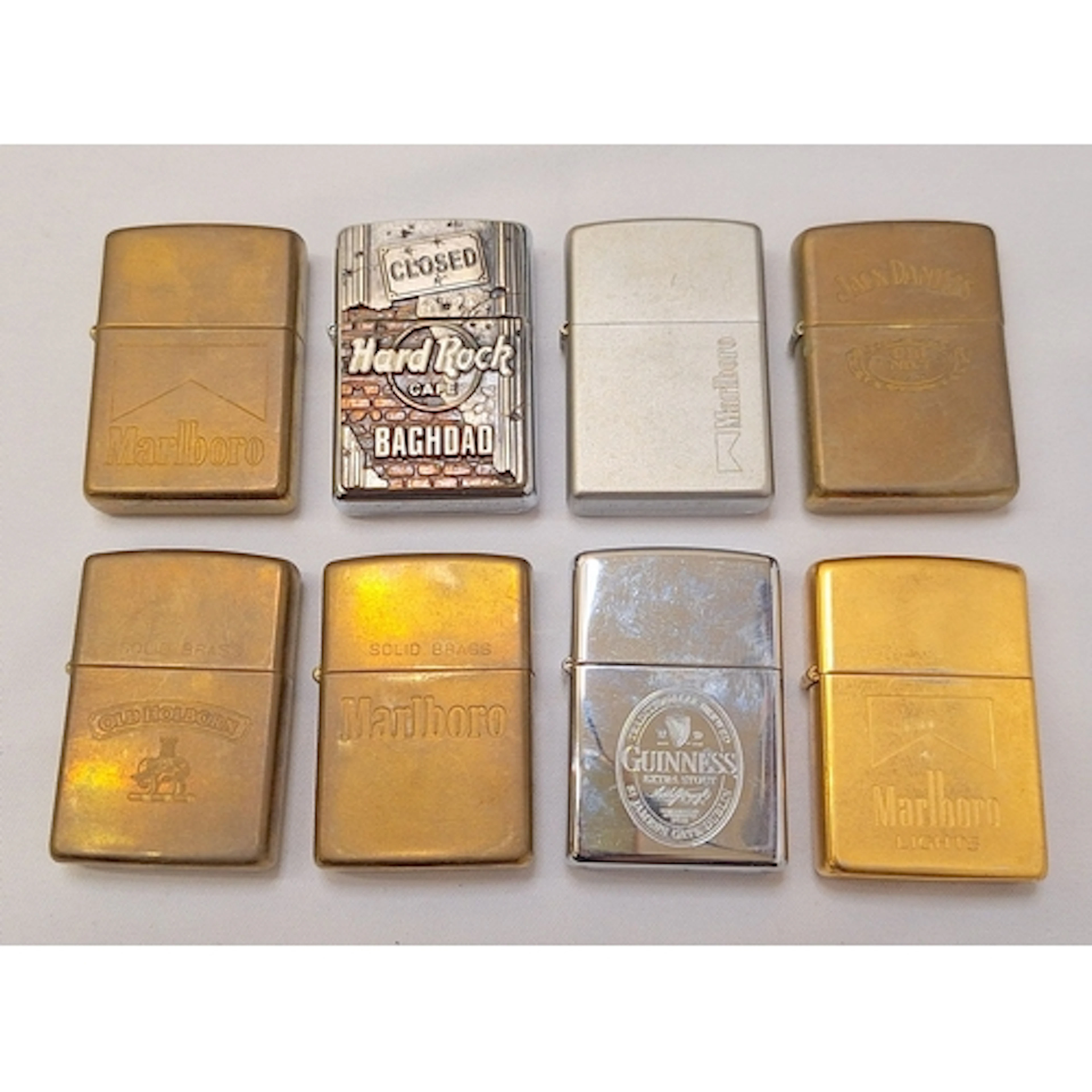 8 Zippo Lighters incl. 3 Marlborough Lights, Jack Daniels, O...