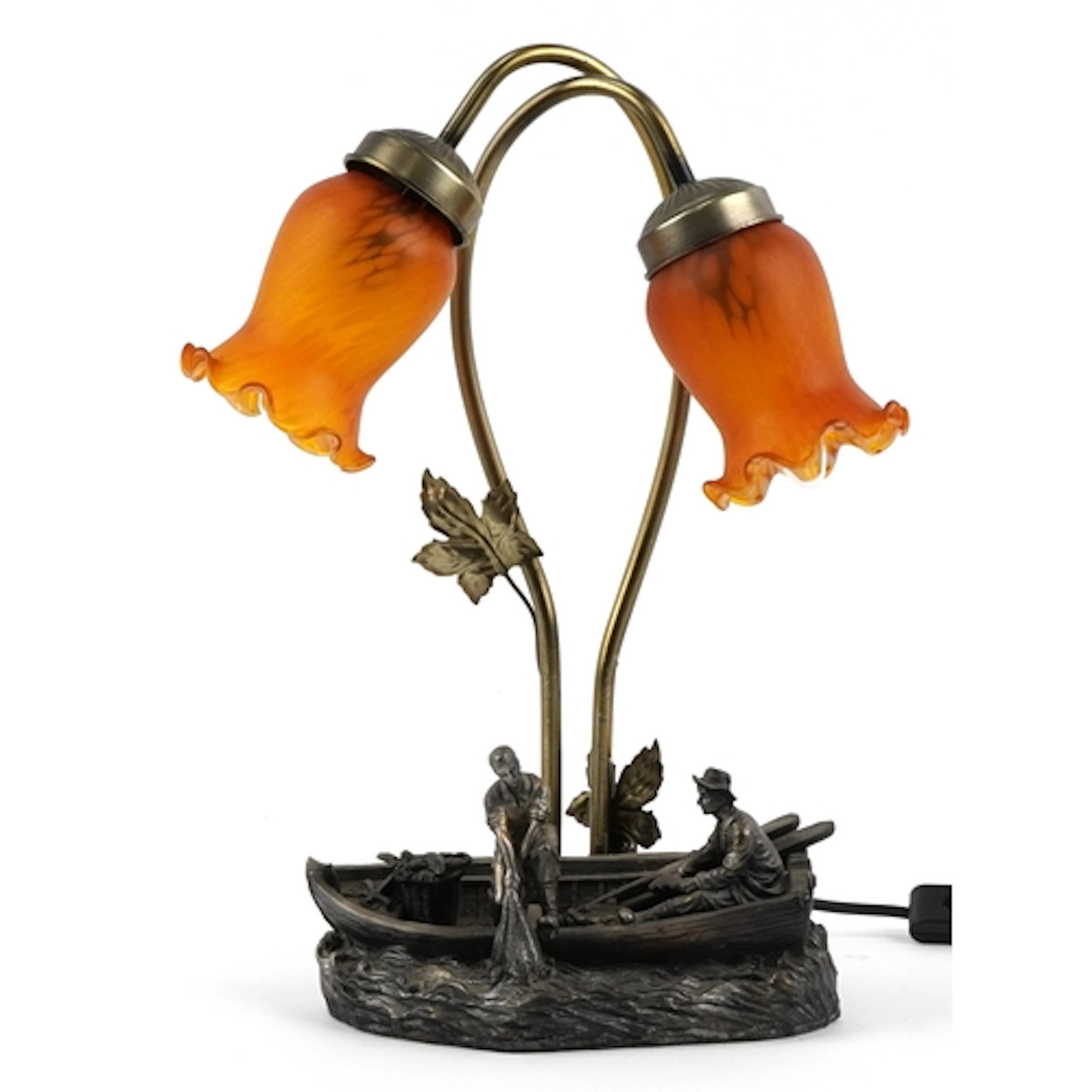 Tiffany style bronzed table lamp in the form of fishermen on...