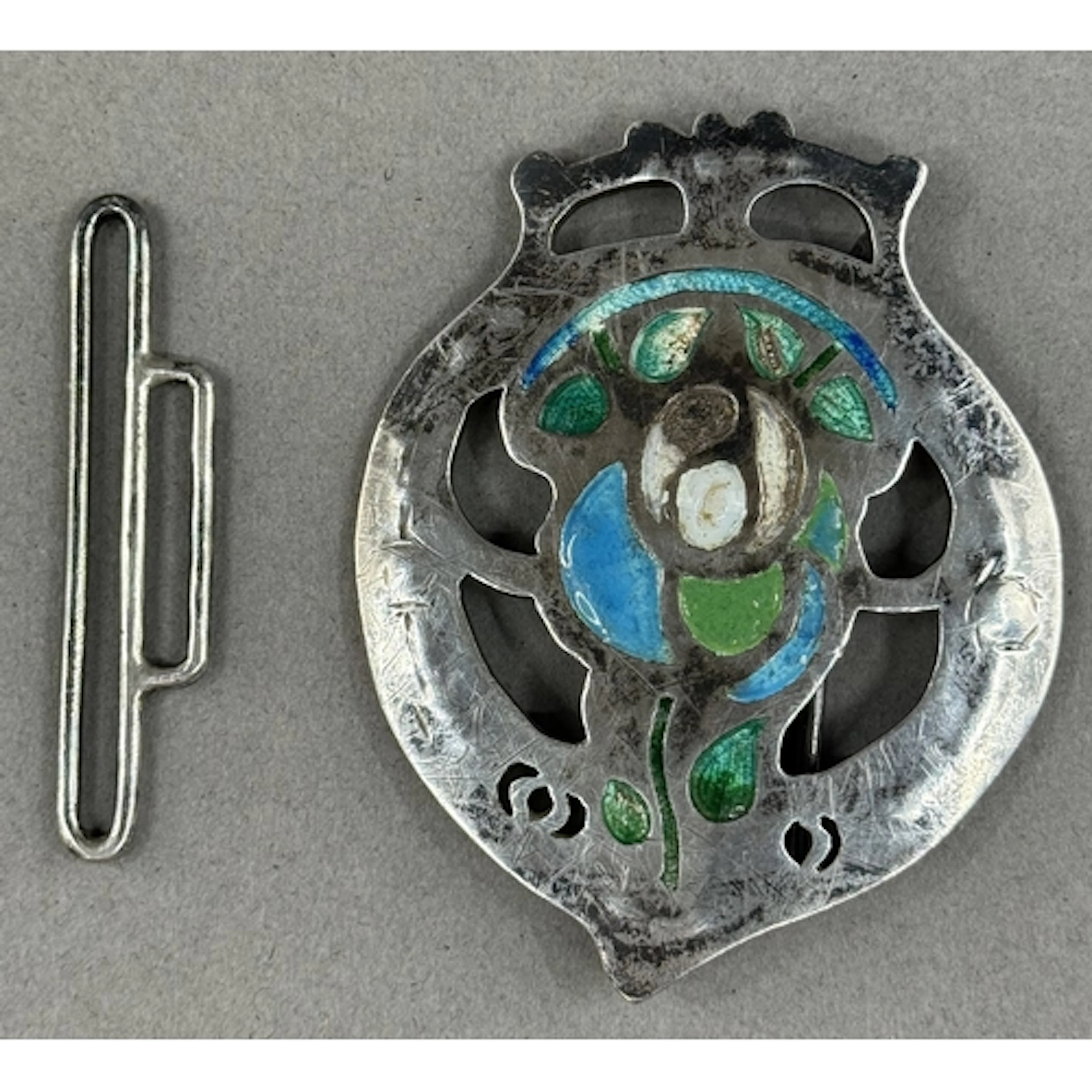 Art Nouveau English H/M silver and enamel buckle closely res...