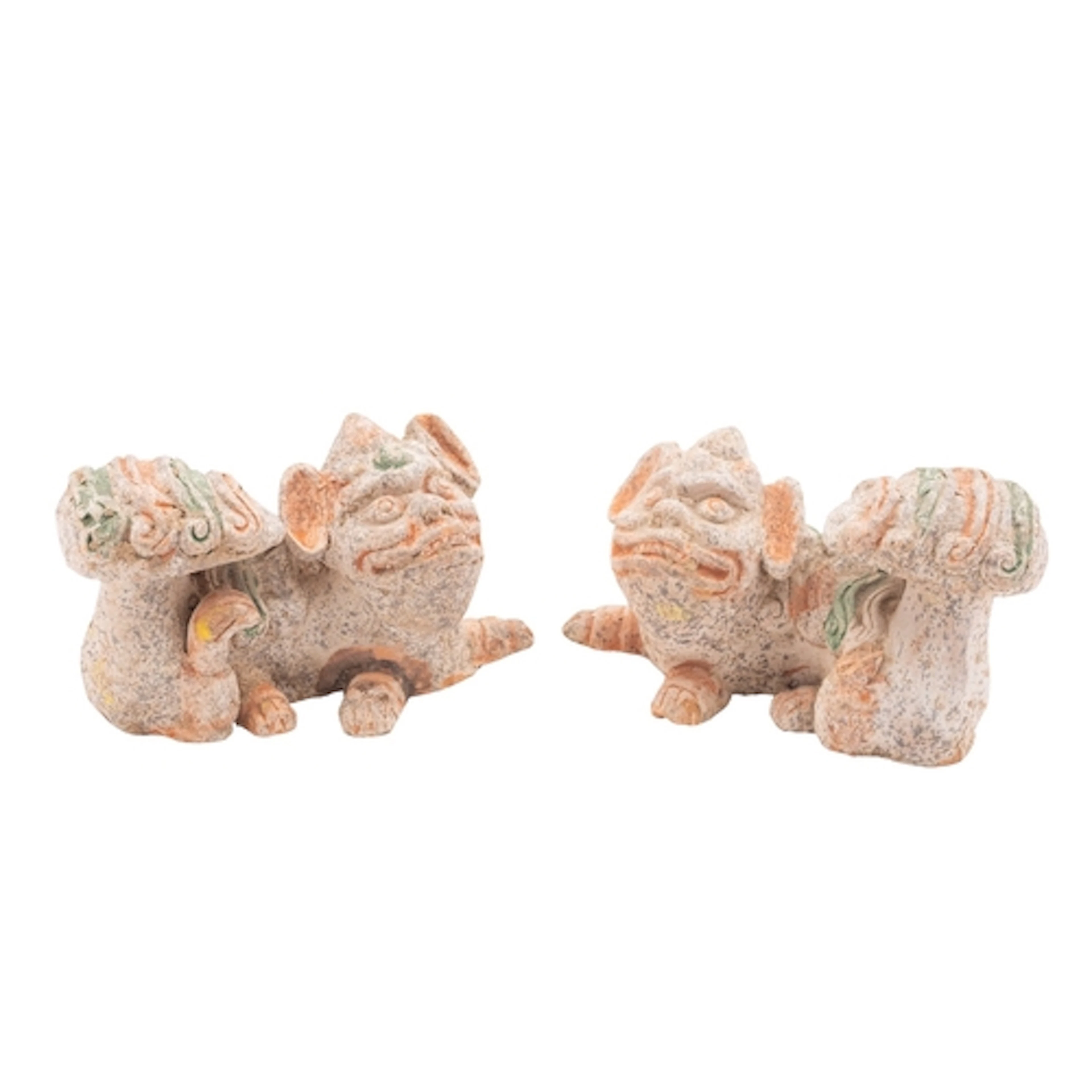 A pair of Chinese terracotta Fu dogs in Tang style with poly...