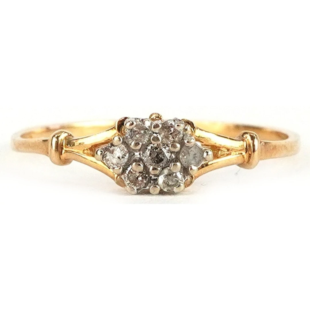 9ct gold diamond cluster ring with split shoulders, size N, ...