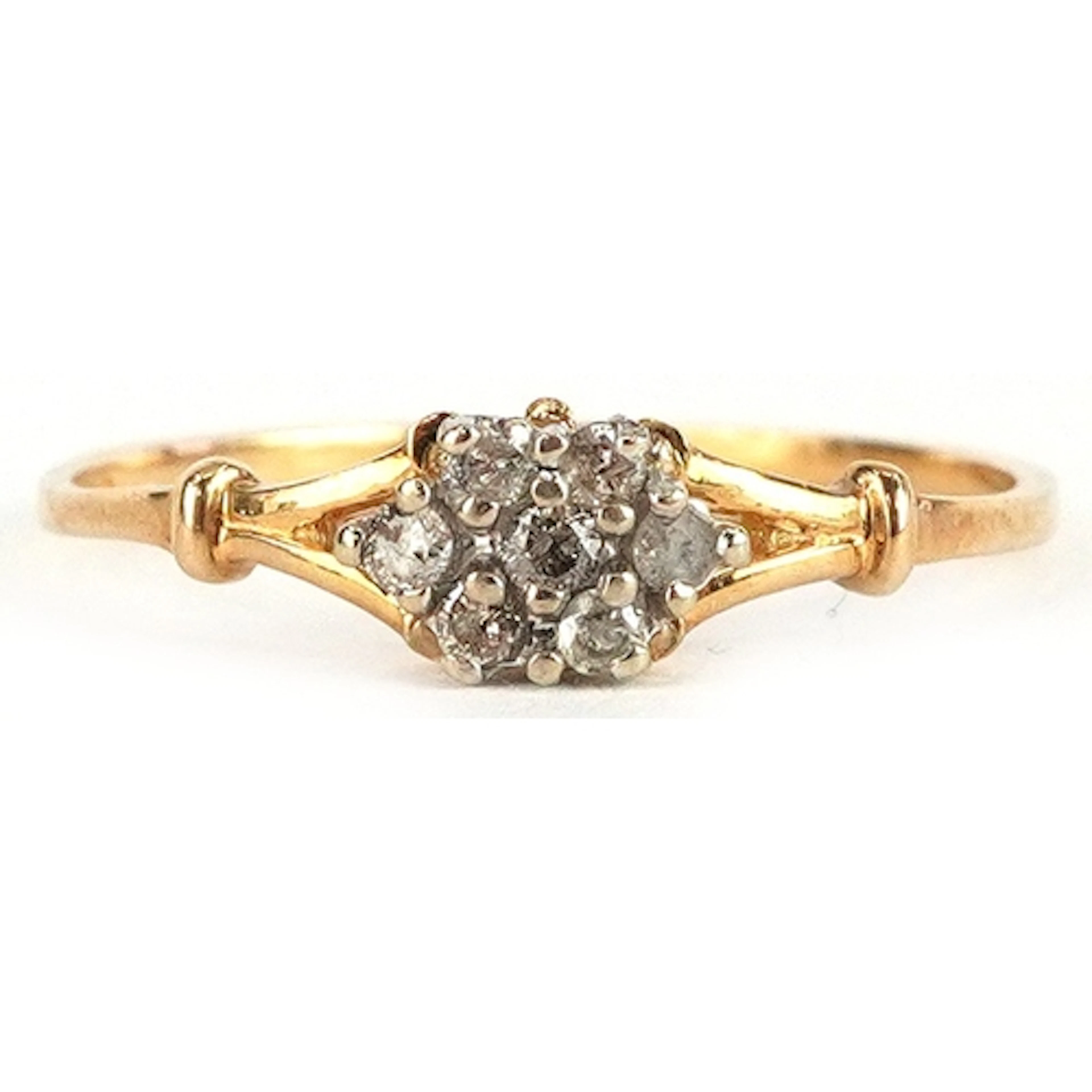 9ct gold diamond cluster ring with split shoulders, size N, ...