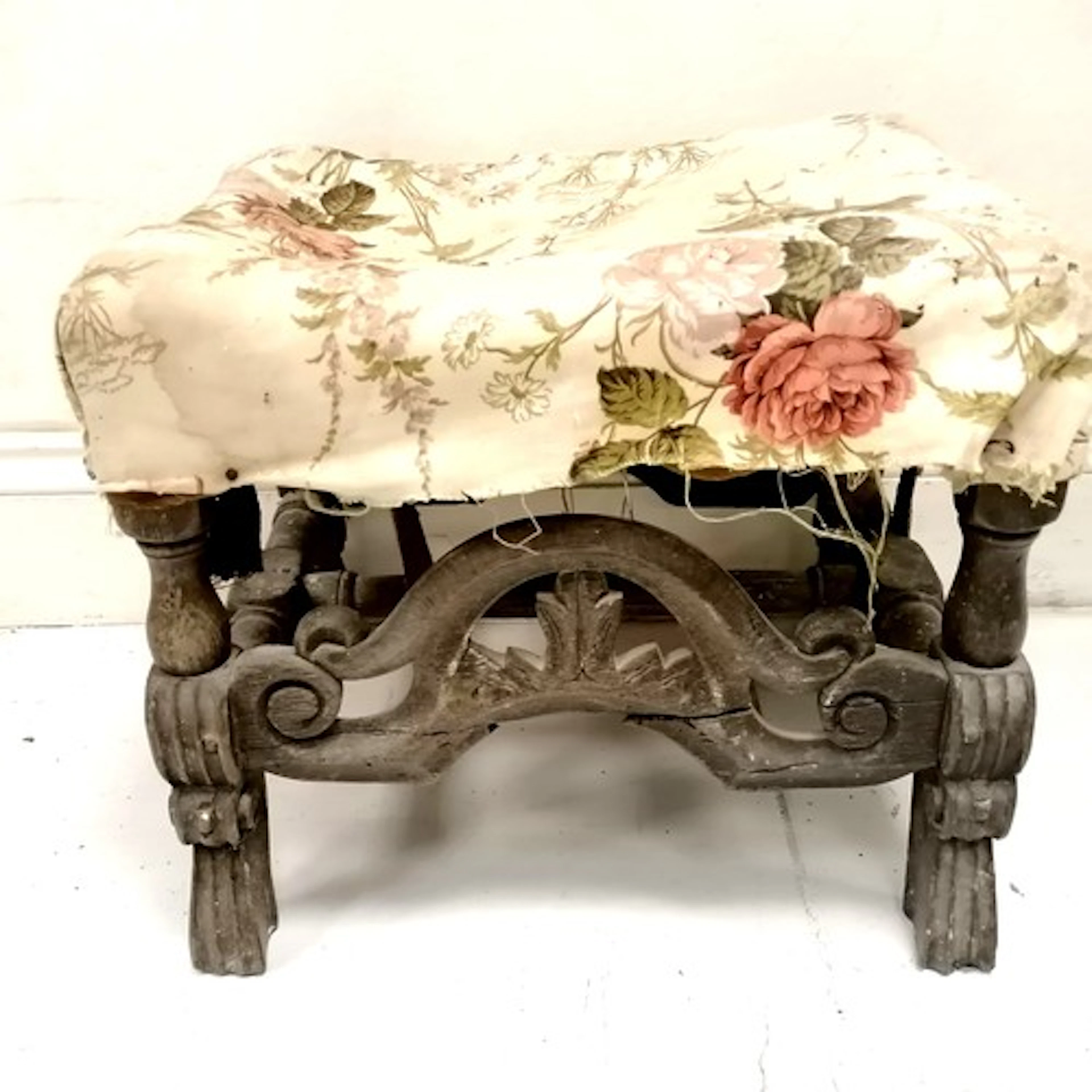 Antique carolean style oak upholstered footstool 49cm x 39cm...