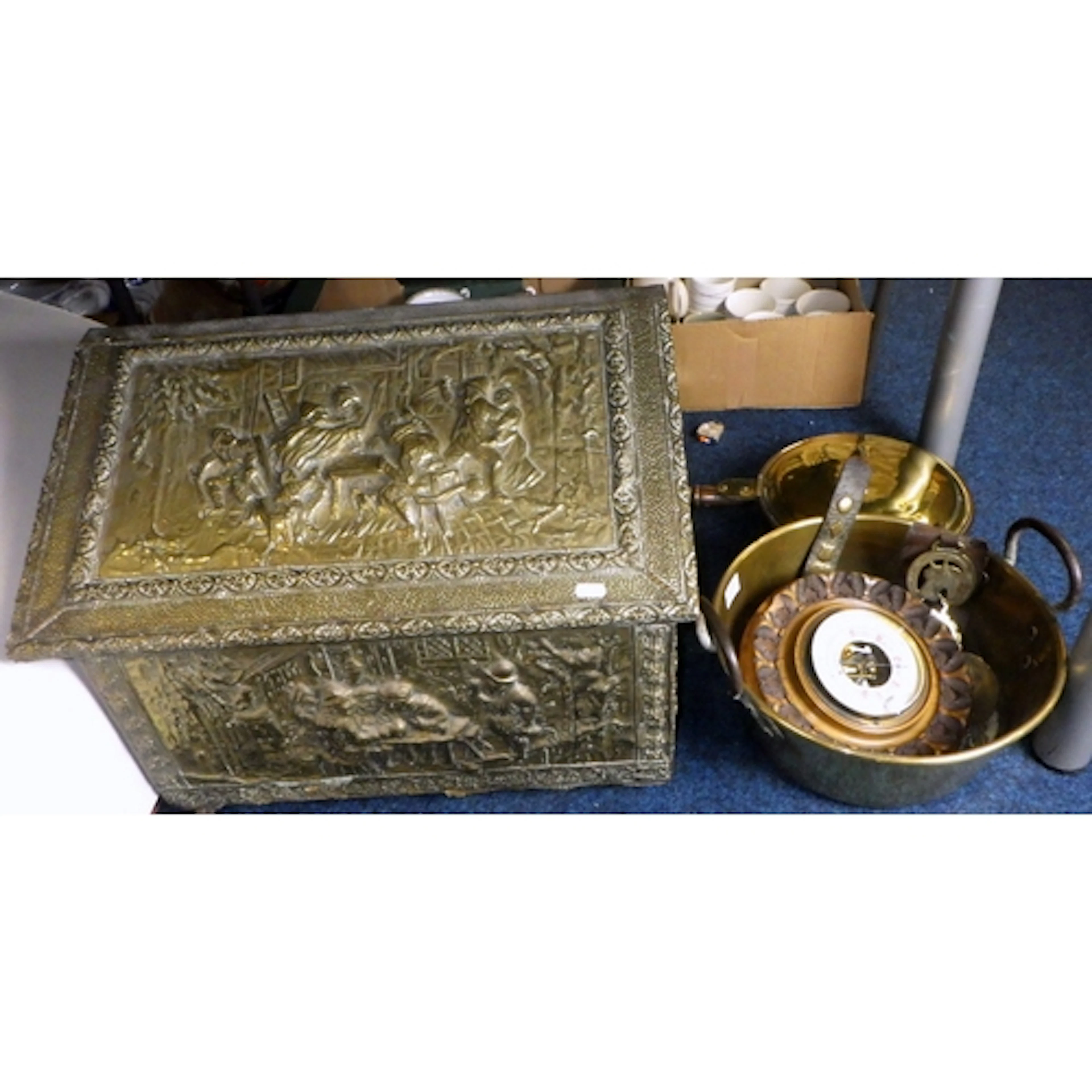 A brass coal bin, bed warmer, jam pan, barometer and horse b...