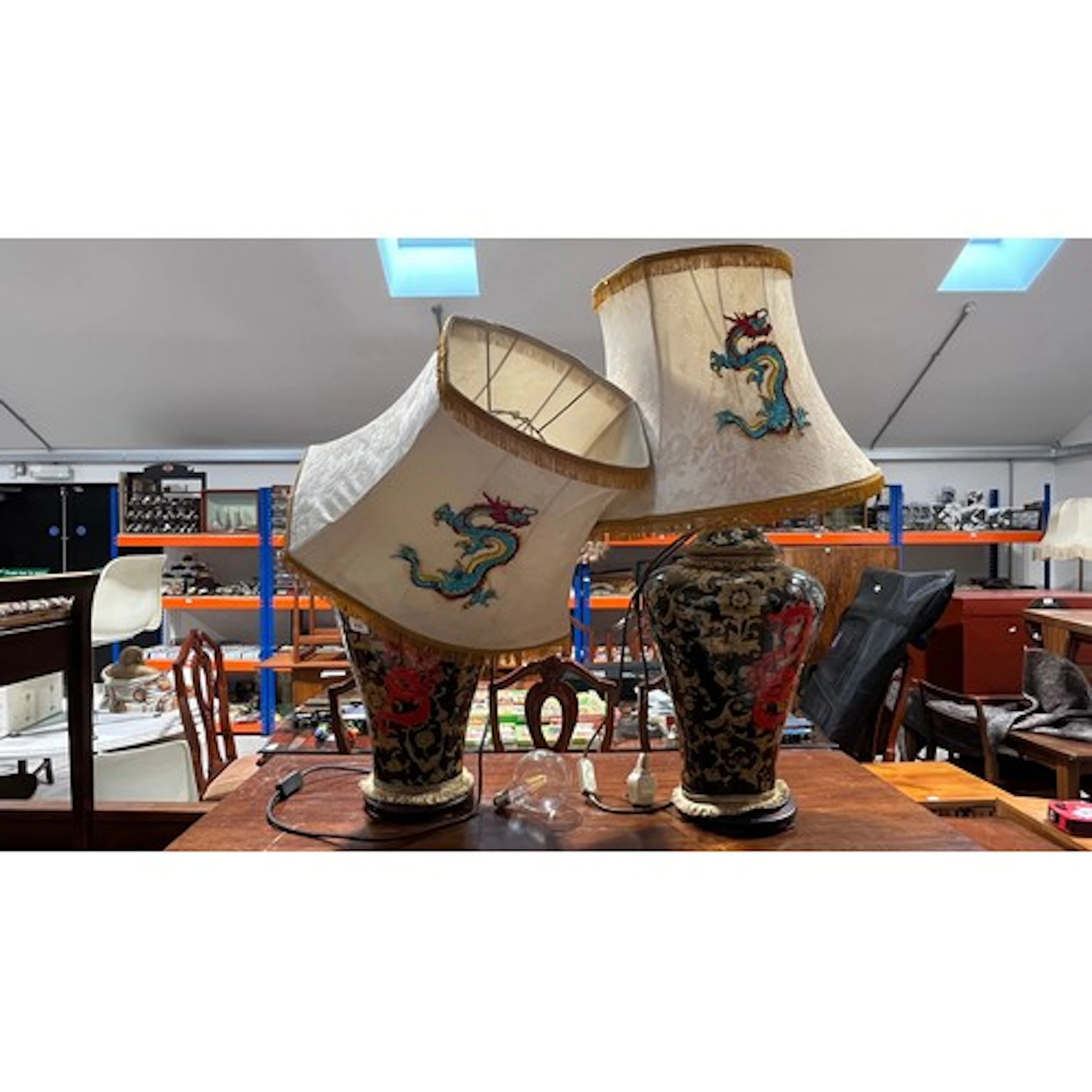 Pair of oriental style table lamps, each with black ground a...