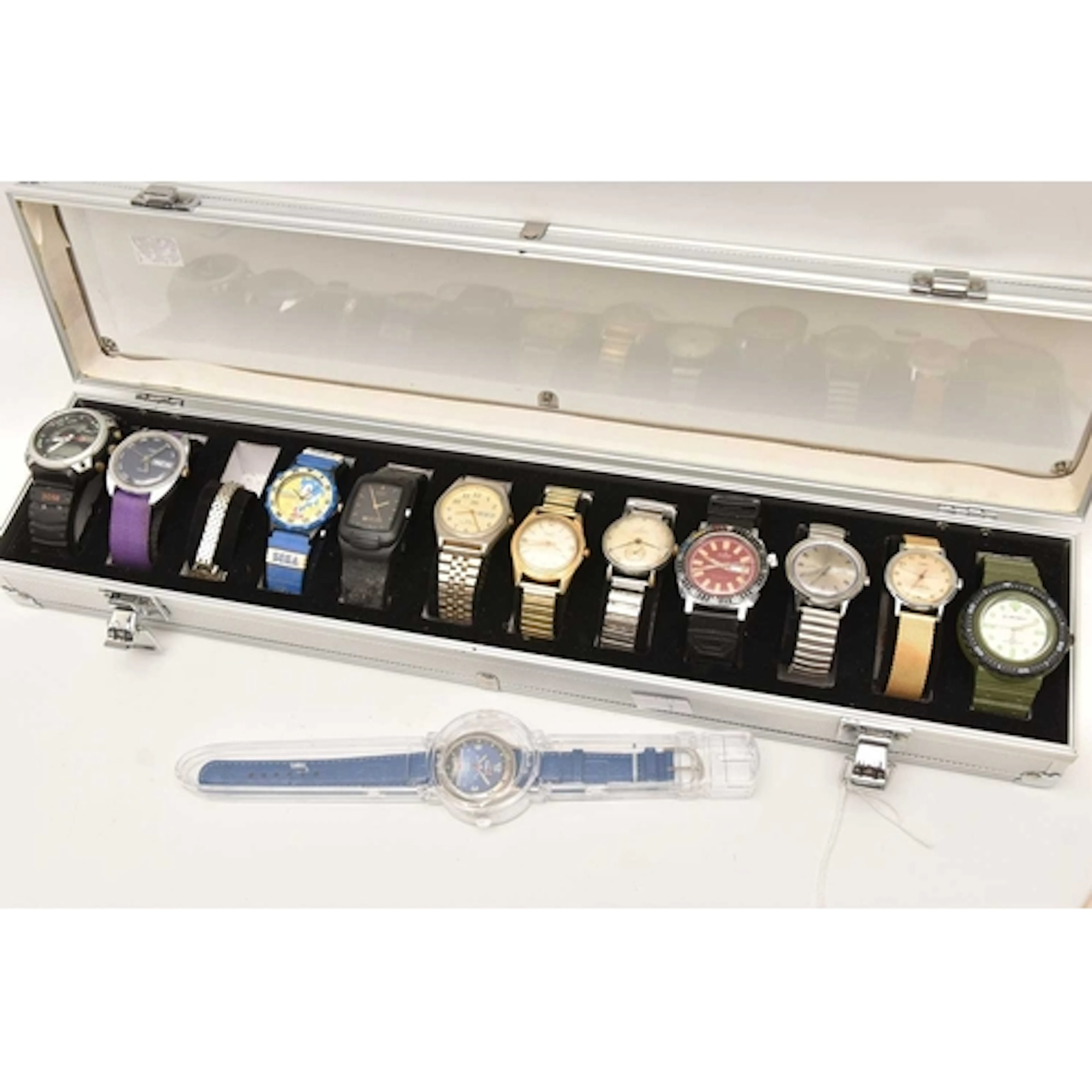 A DISPLAY CASE OF WATCHES, a twelve watch case with viewing ...